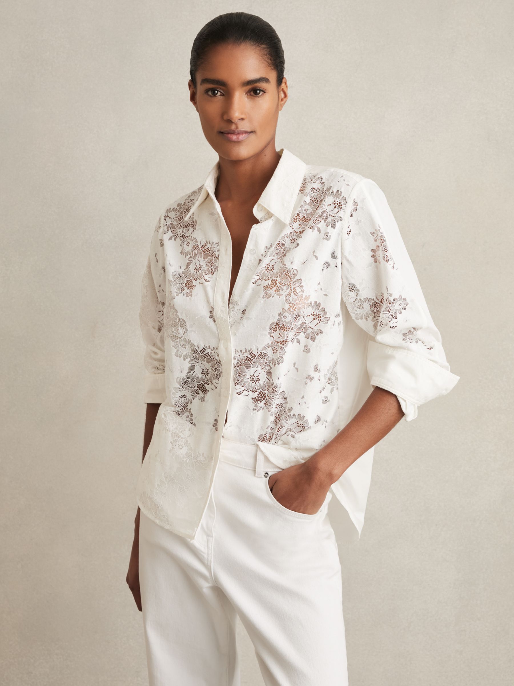 Lace-Front Shirt With Cotton in Ivory