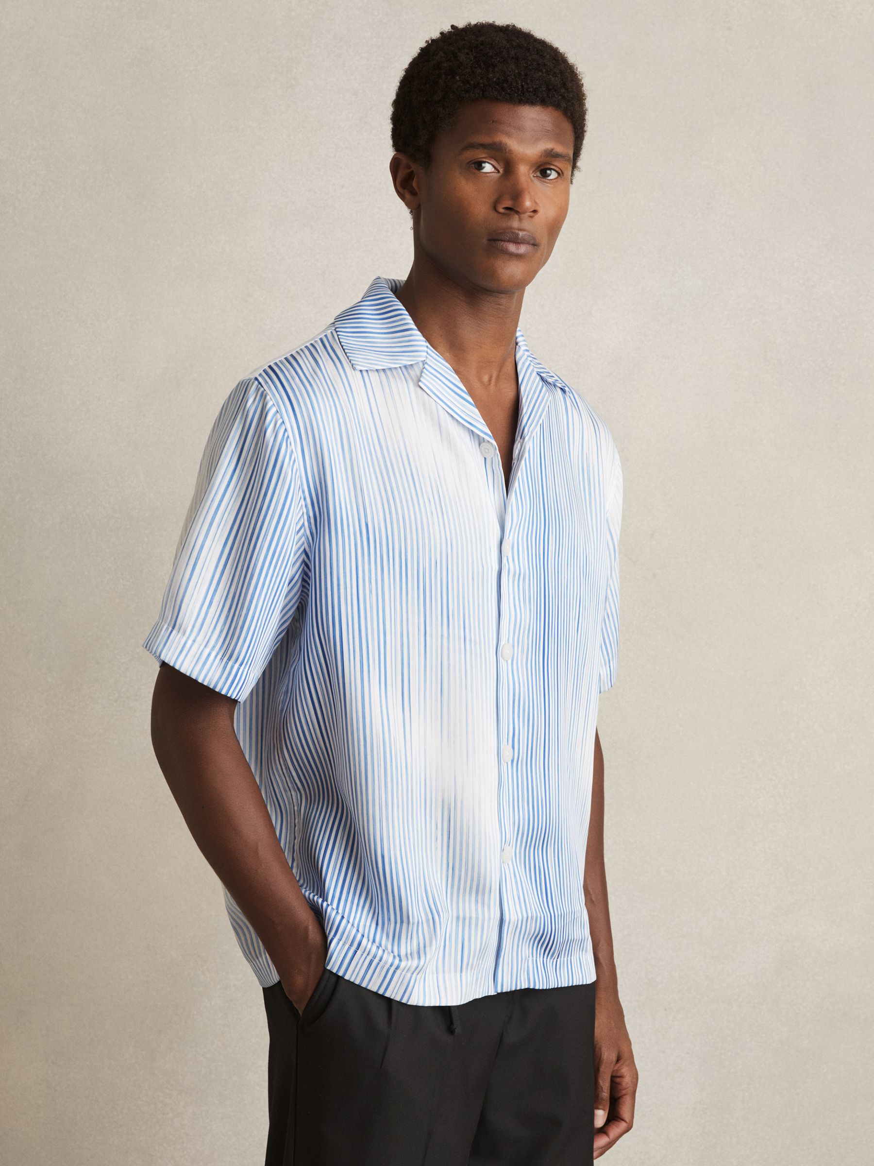 Faded-Stripe Cuban-Collar Shirt in Soft Blue/White