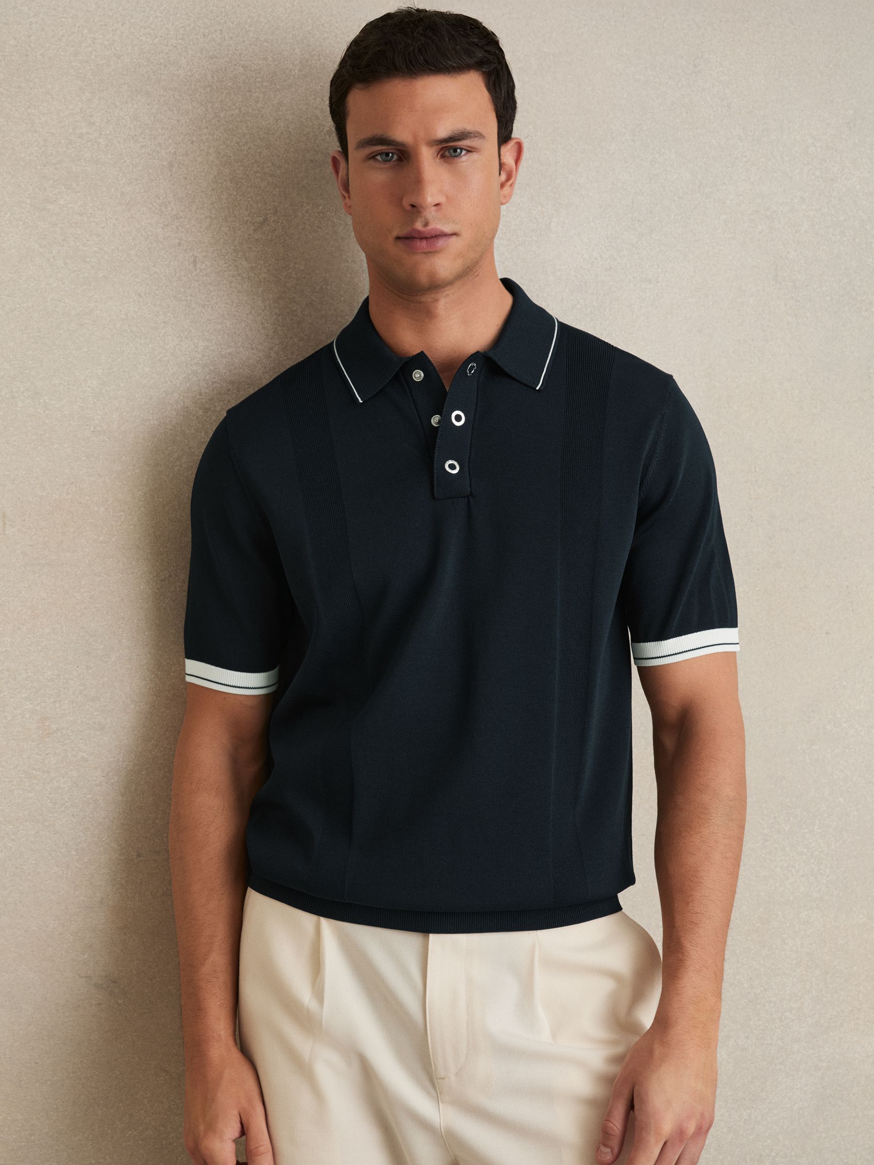 Tipped Knit Polo Shirt in White/Navy