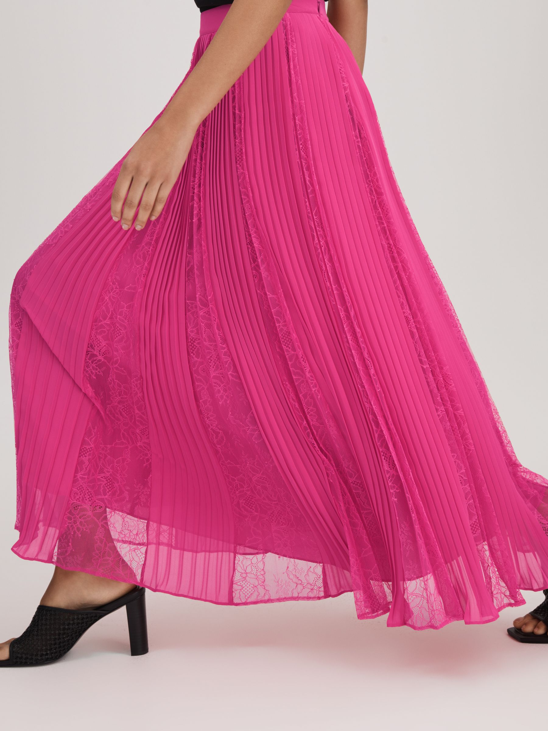 Florere Lace Pleated Midi Skirt in Bright Pink