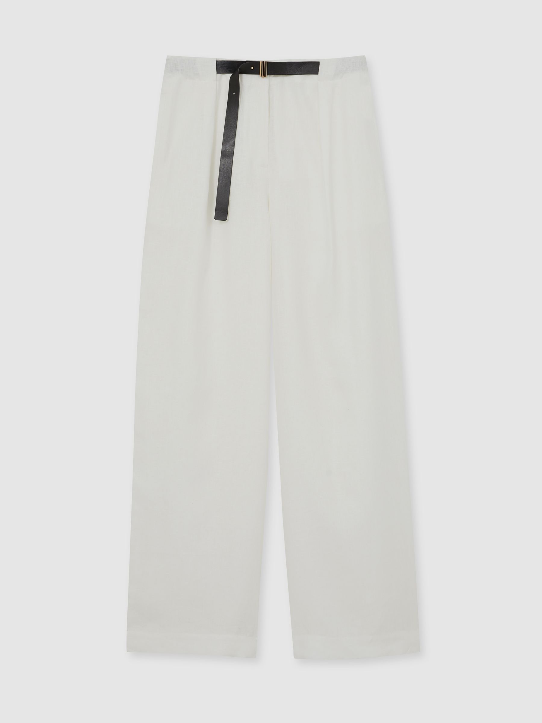 Petite Linen Belted Wide-Leg Trousers in White