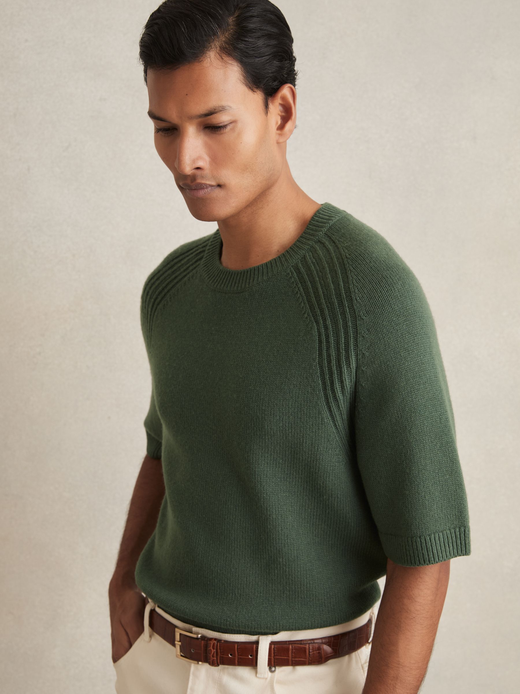 Wool Blend Heavy Knit T-Shirt in Kale Green