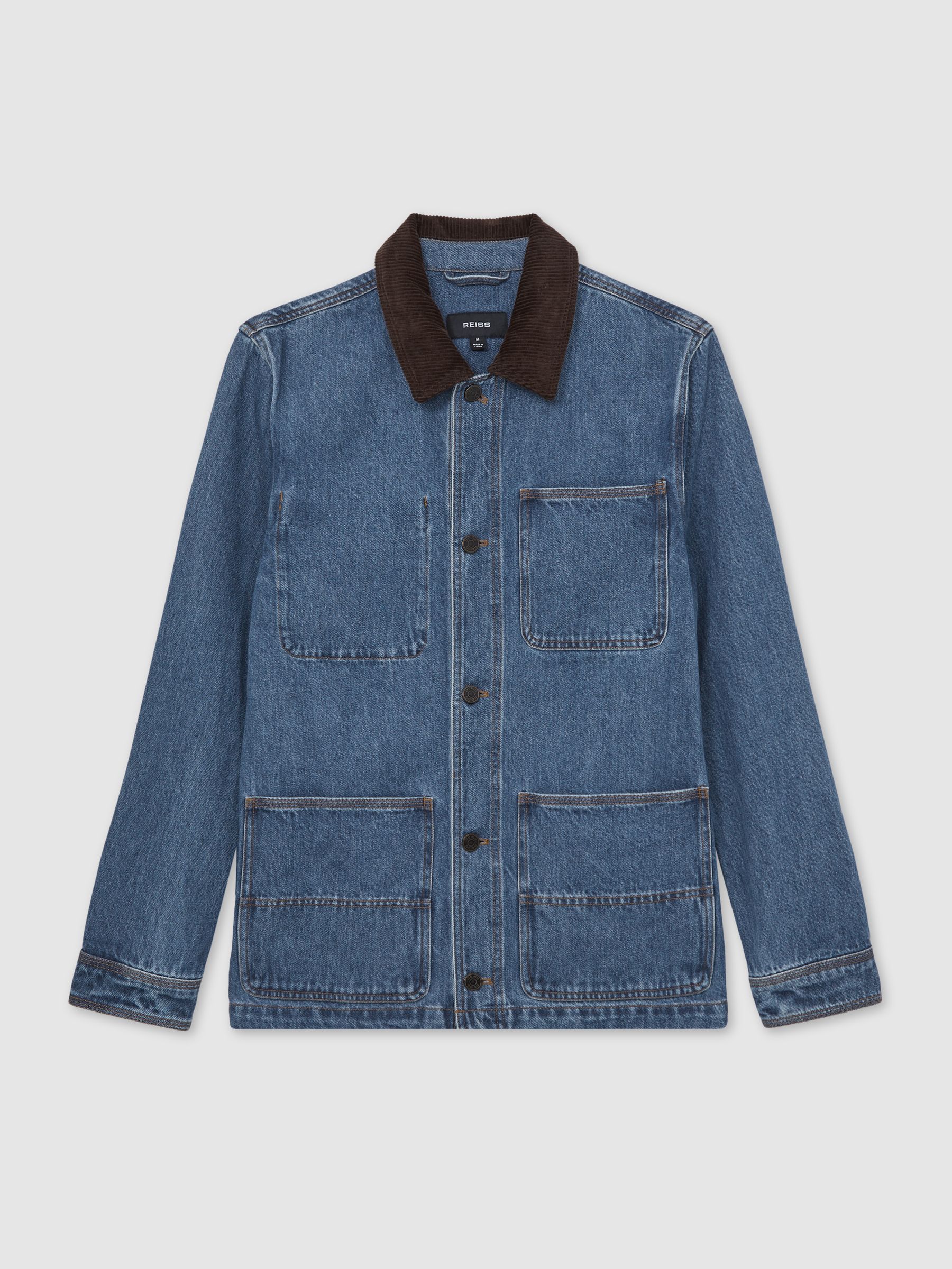 Corduroy Collar Denim Worker Jacket in Denim Blue