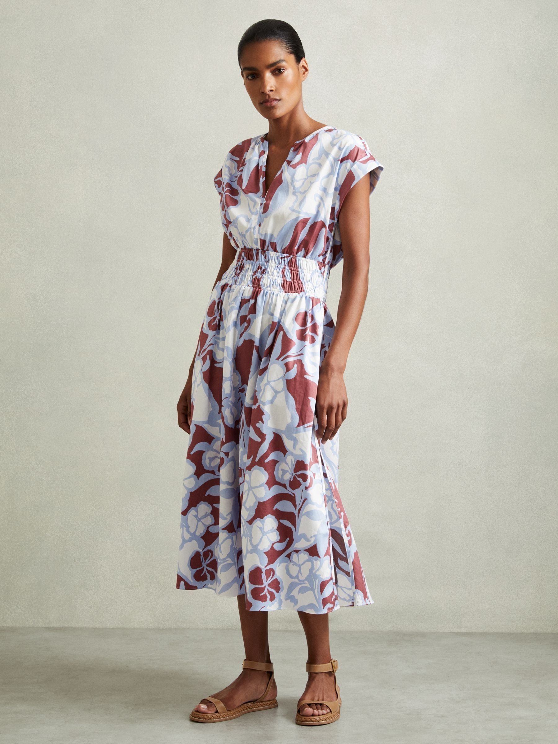 100% Cotton Poplin Floral-Print Midi Dress in Blue