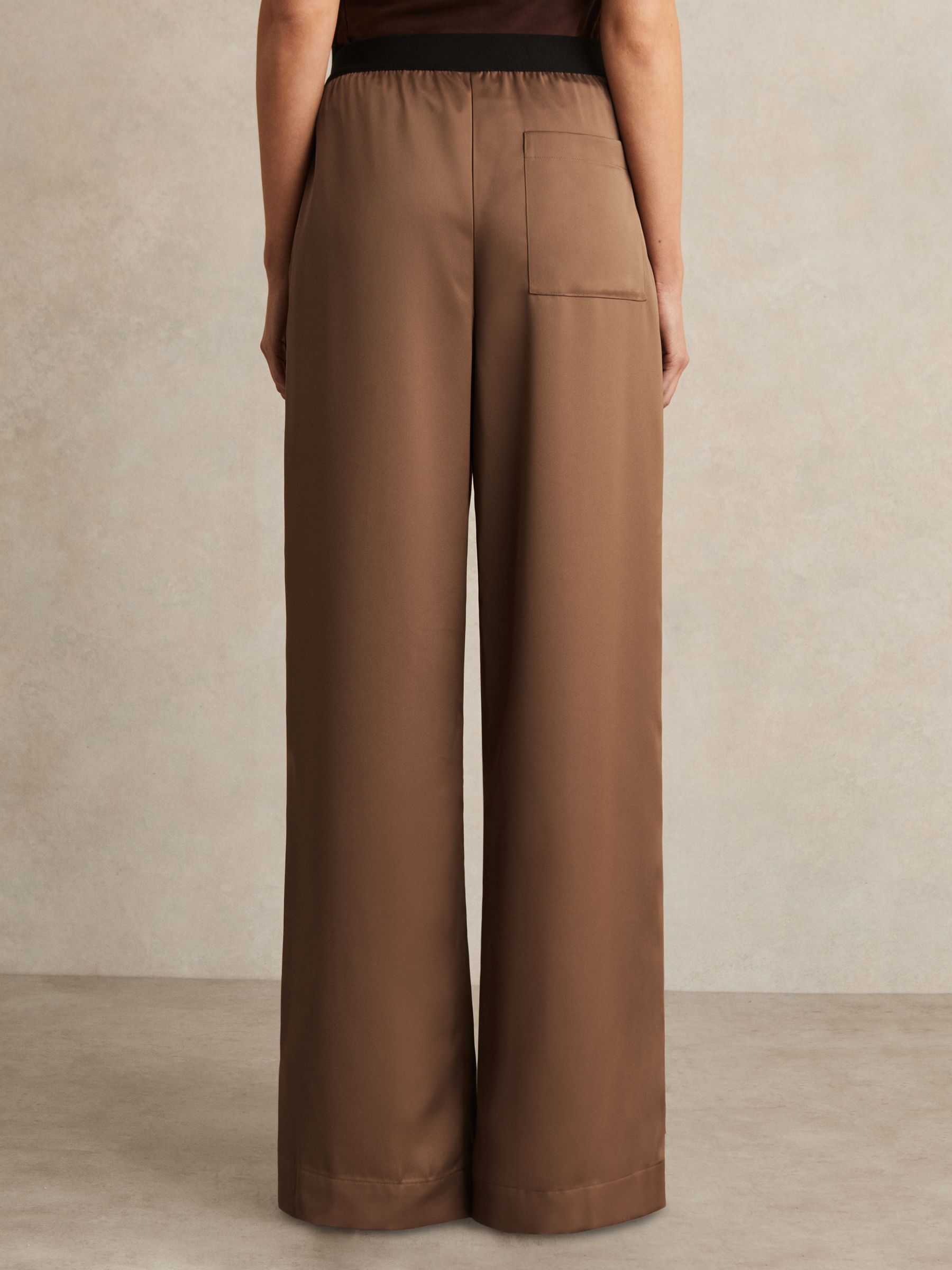 Satin Wide Leg Elastic Waist Trousers in Taupe Neutral