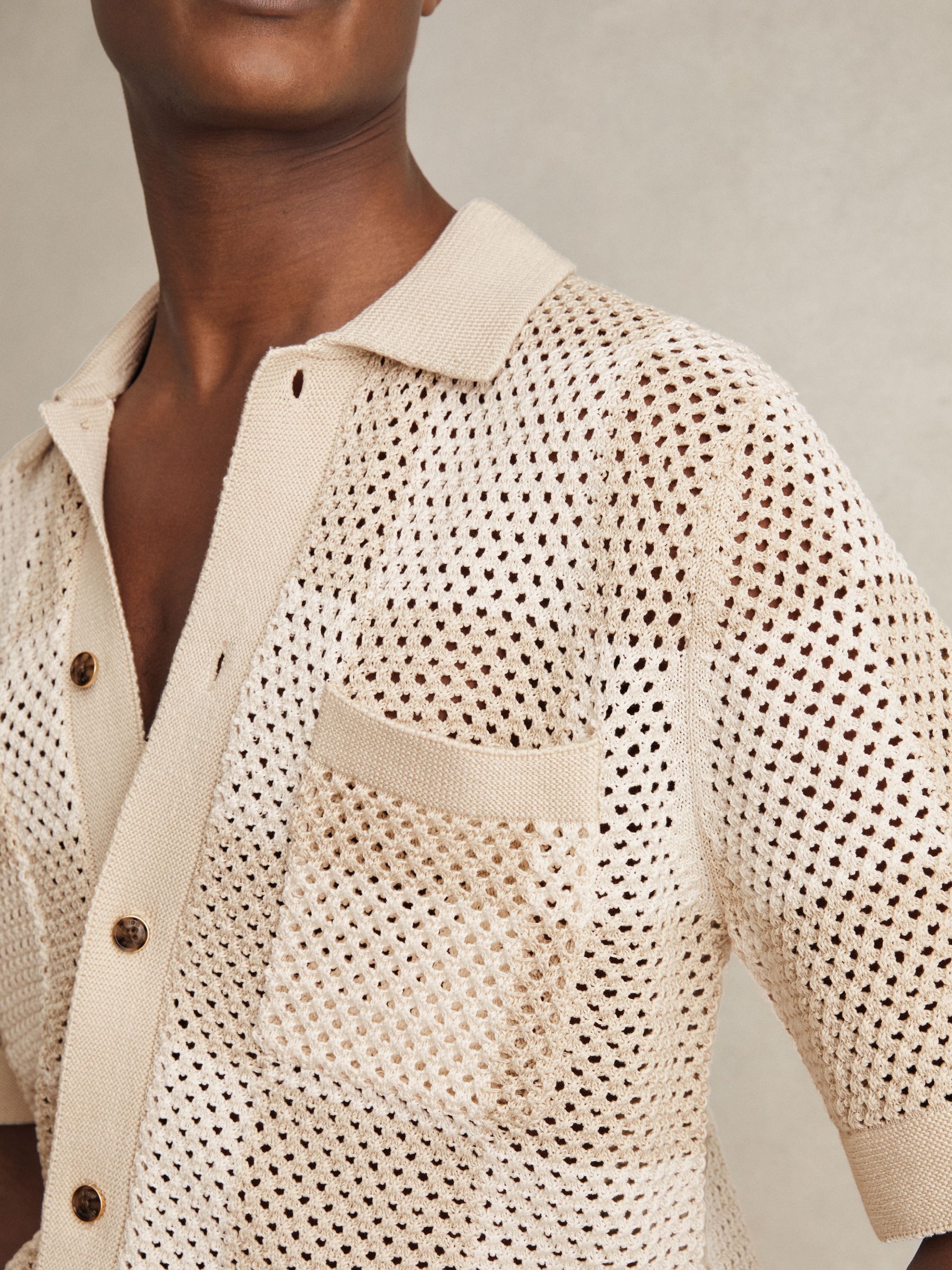 Cotton Chequerboard Crochet Shirt in Taupe/Off White