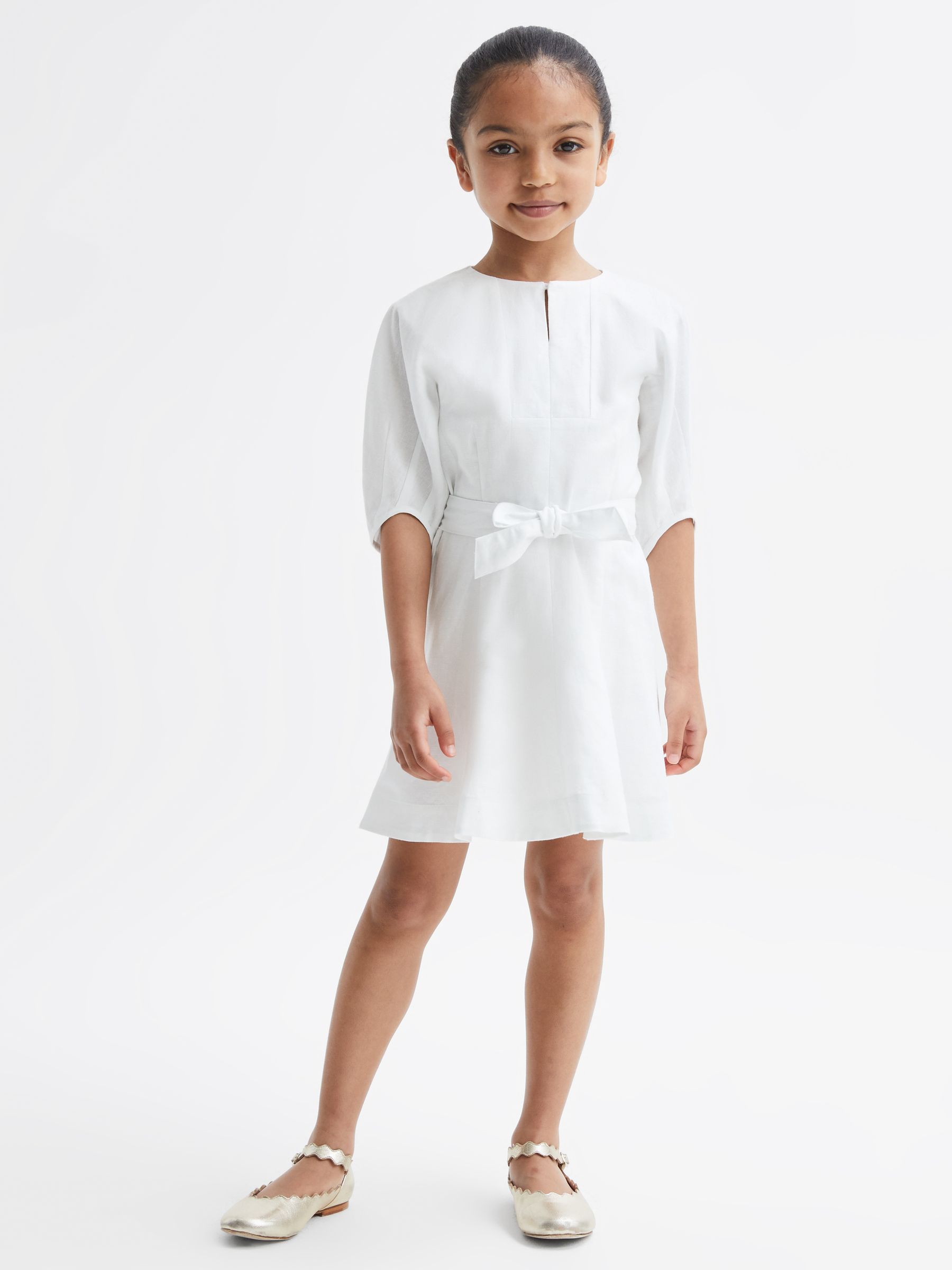 4-9 yrs Heart Print Linen Mini Dress in Ivory