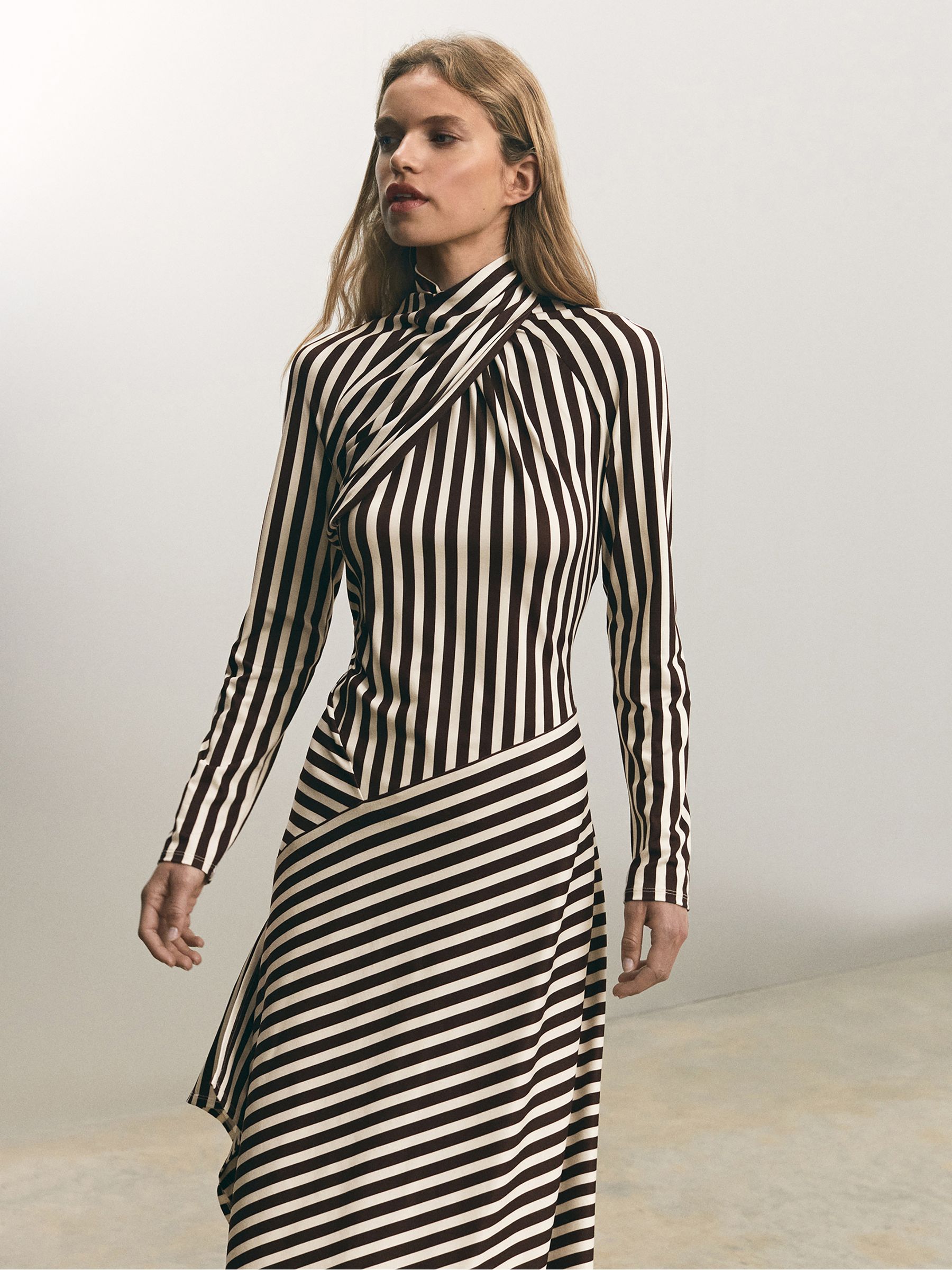 Cat Brown/Cream Striped Jersey Asymmetric Midi Dress
