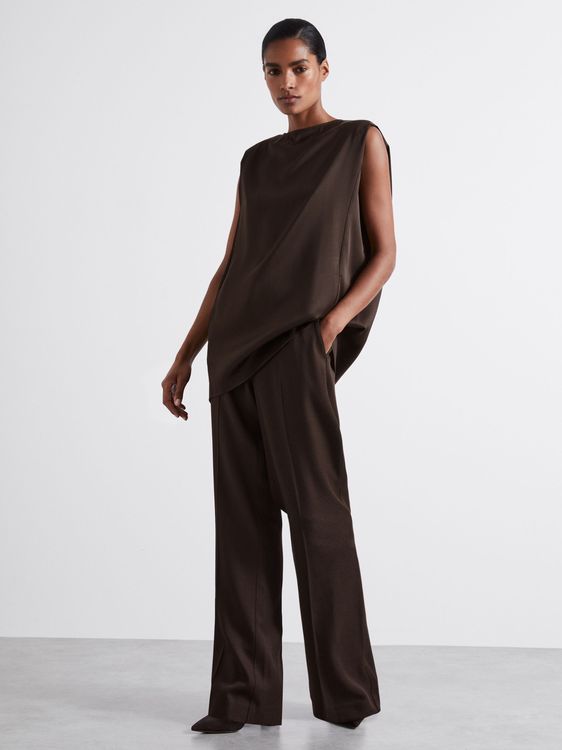 Atelier Satin Tunic Top with Wool in Chocolate