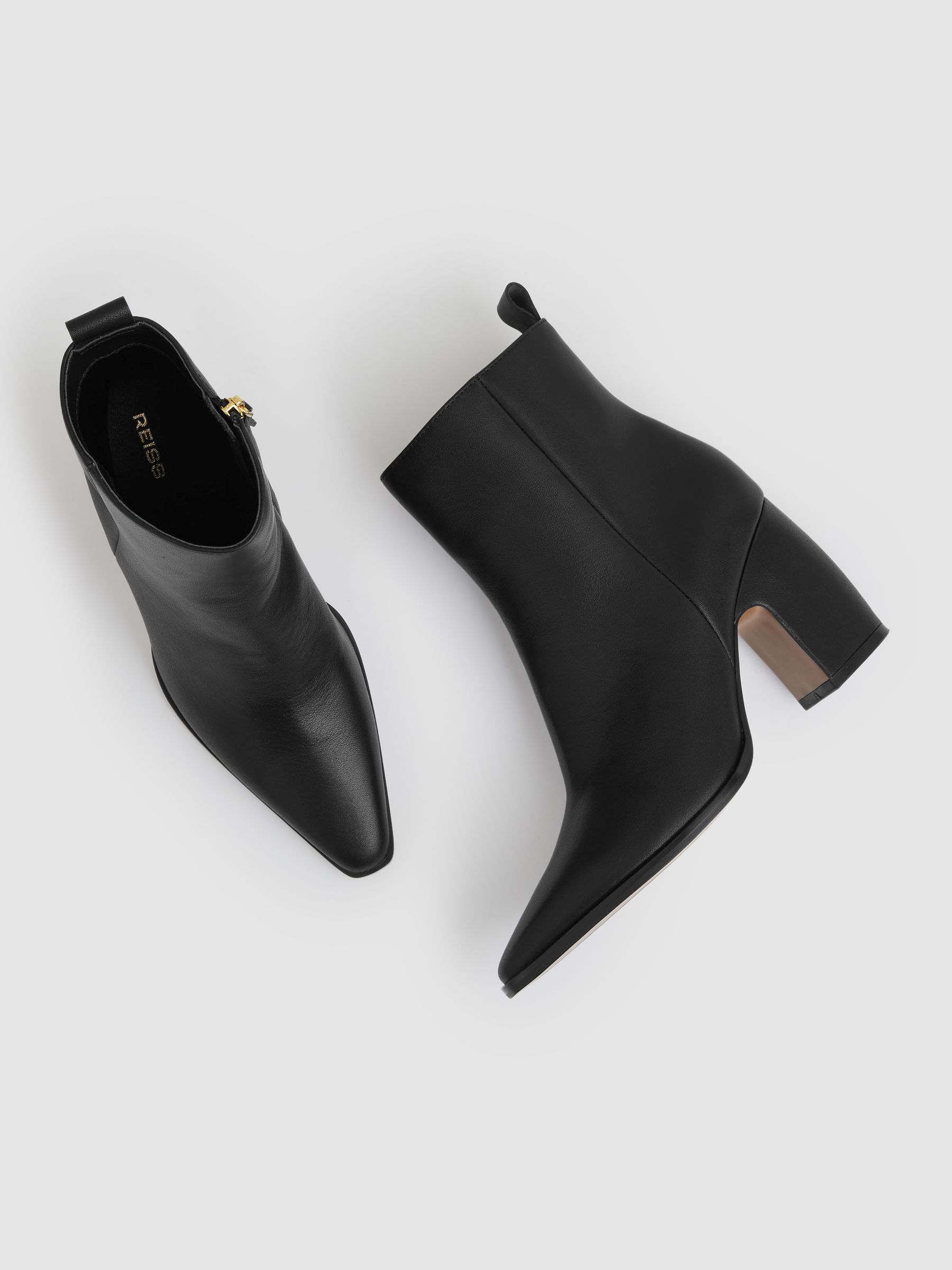 Leather Blocked Heel Ankle Boots in Black