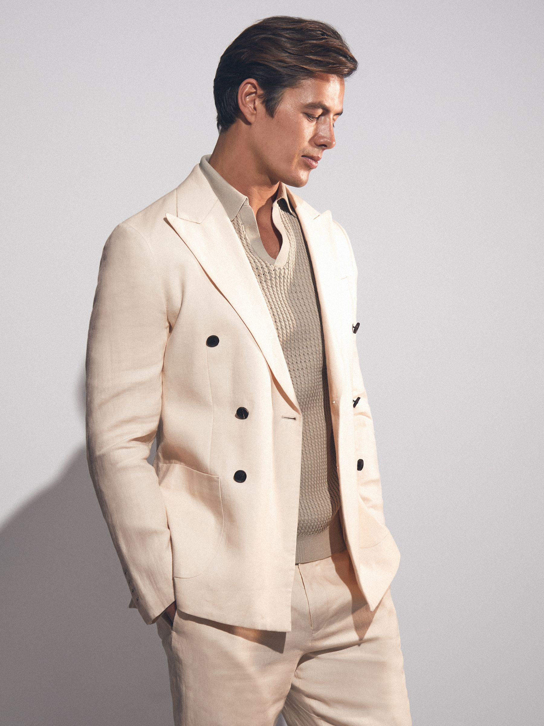 Linen Double-Breasted Suit Slim-Fit Blazer in Stone