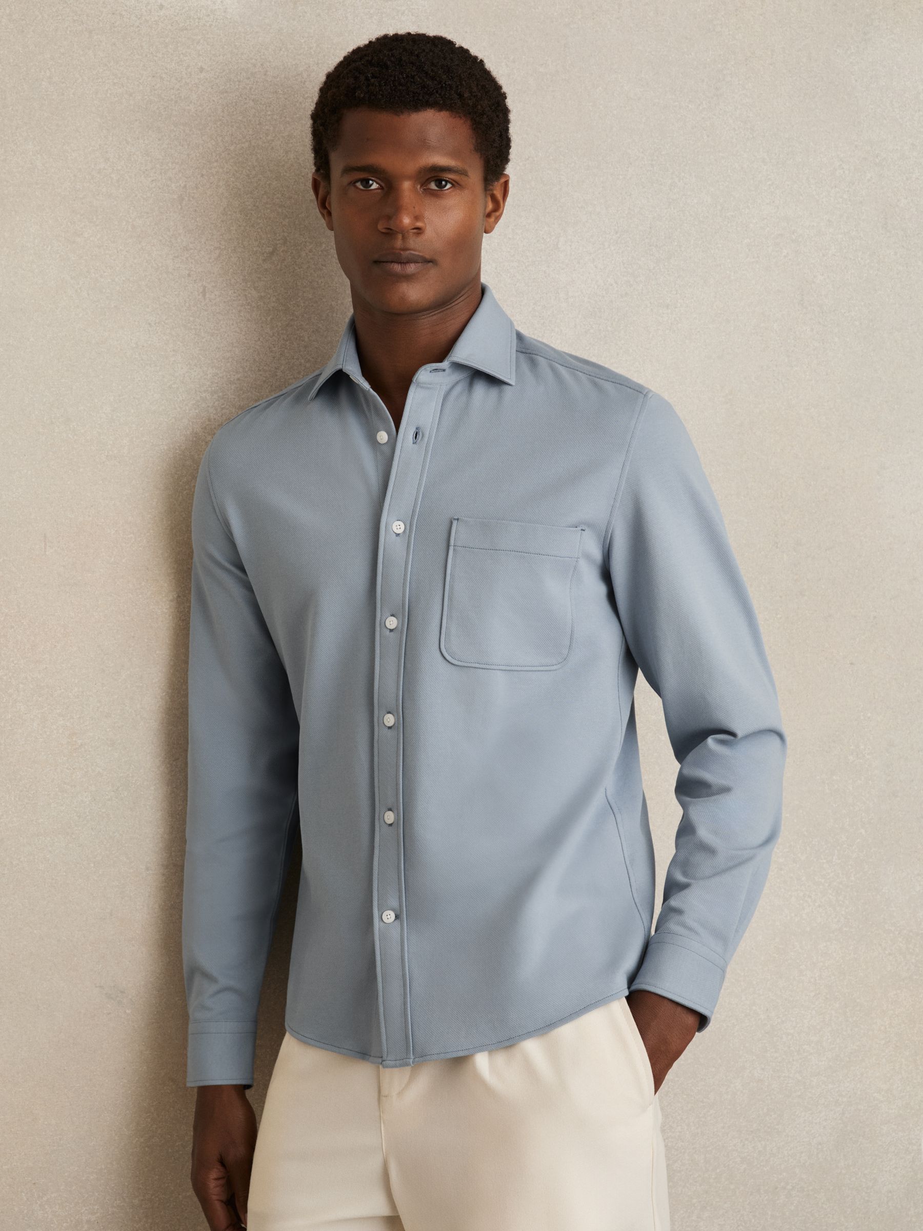 Cotton-Twill Cutaway-Collar Overshirt in Soft Blue