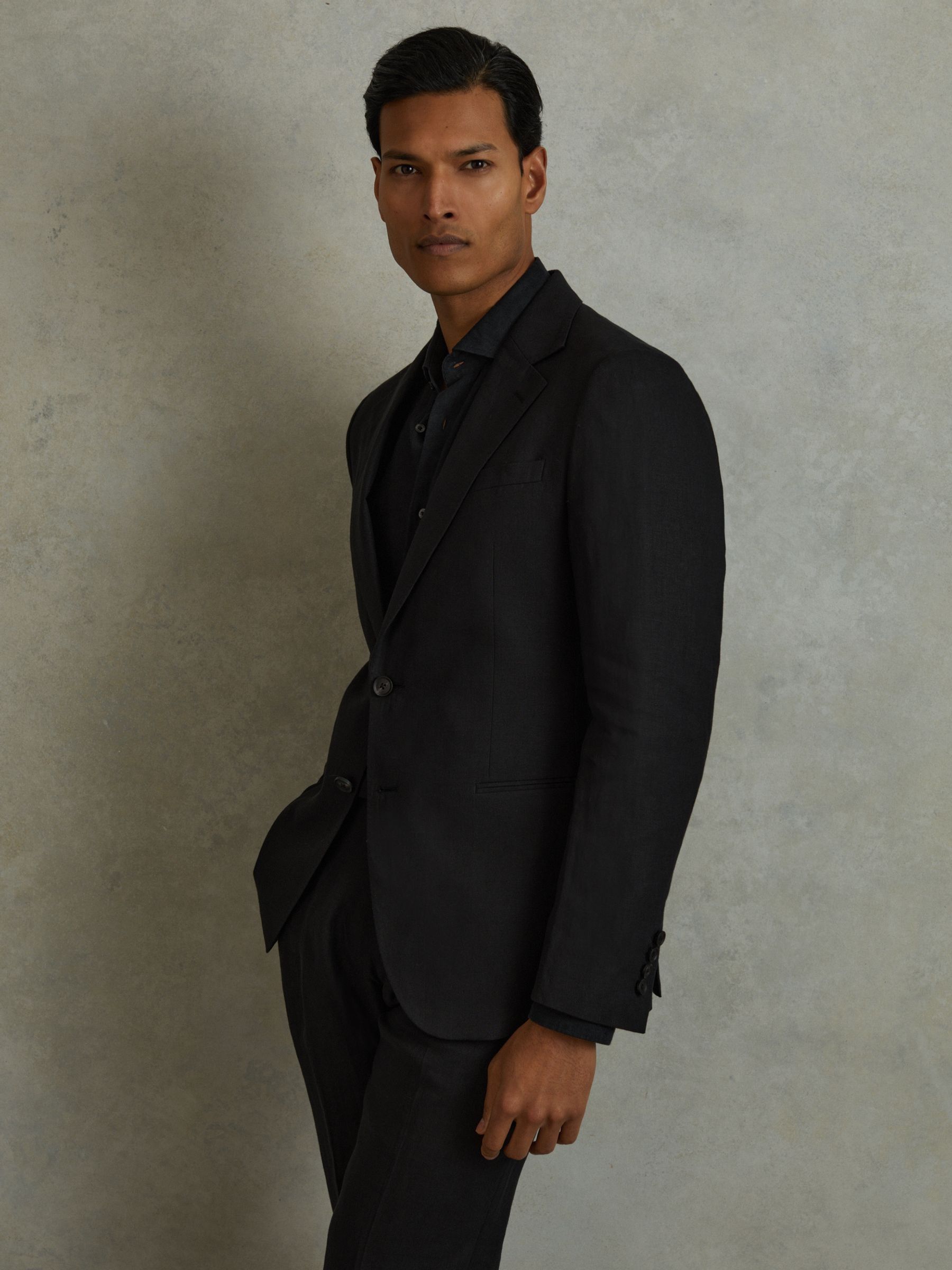 Single-Breasted Linen Suit Blazer Slim Fit in Black