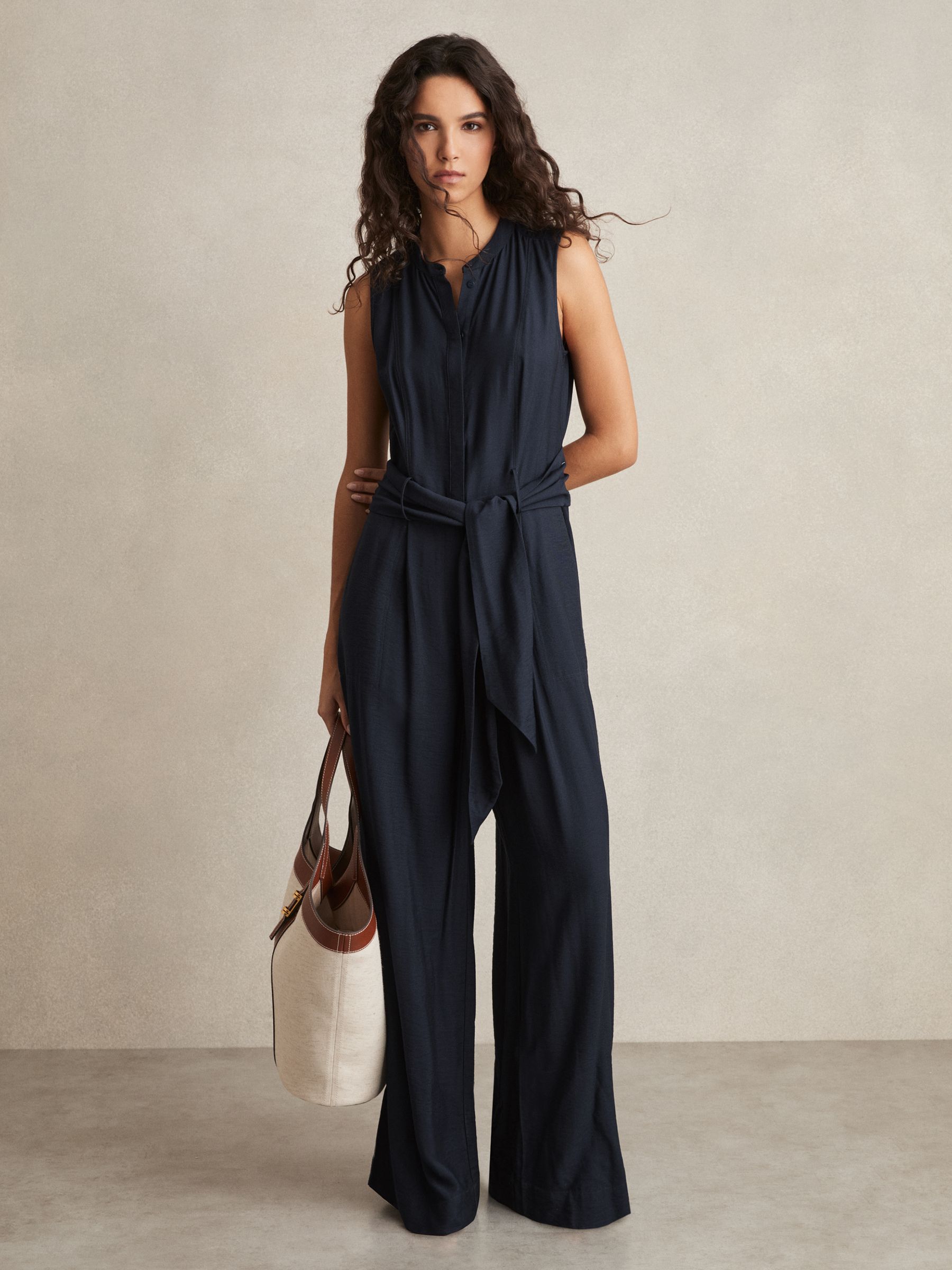 Petite Wide-Leg Belted Jumpsuit in Navy