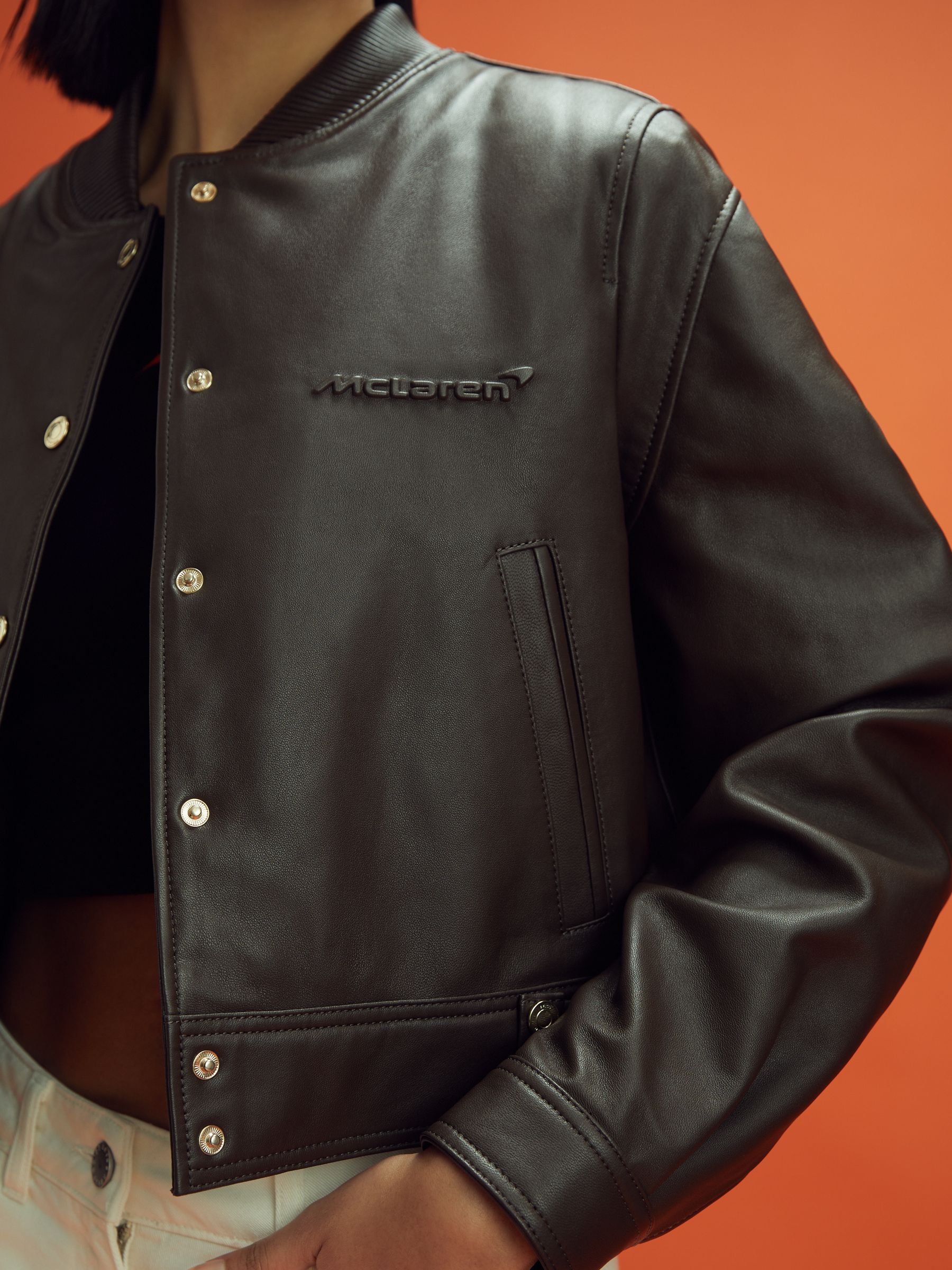 McLaren F1 Cropped Leather Bomber Jacket in Chocolate