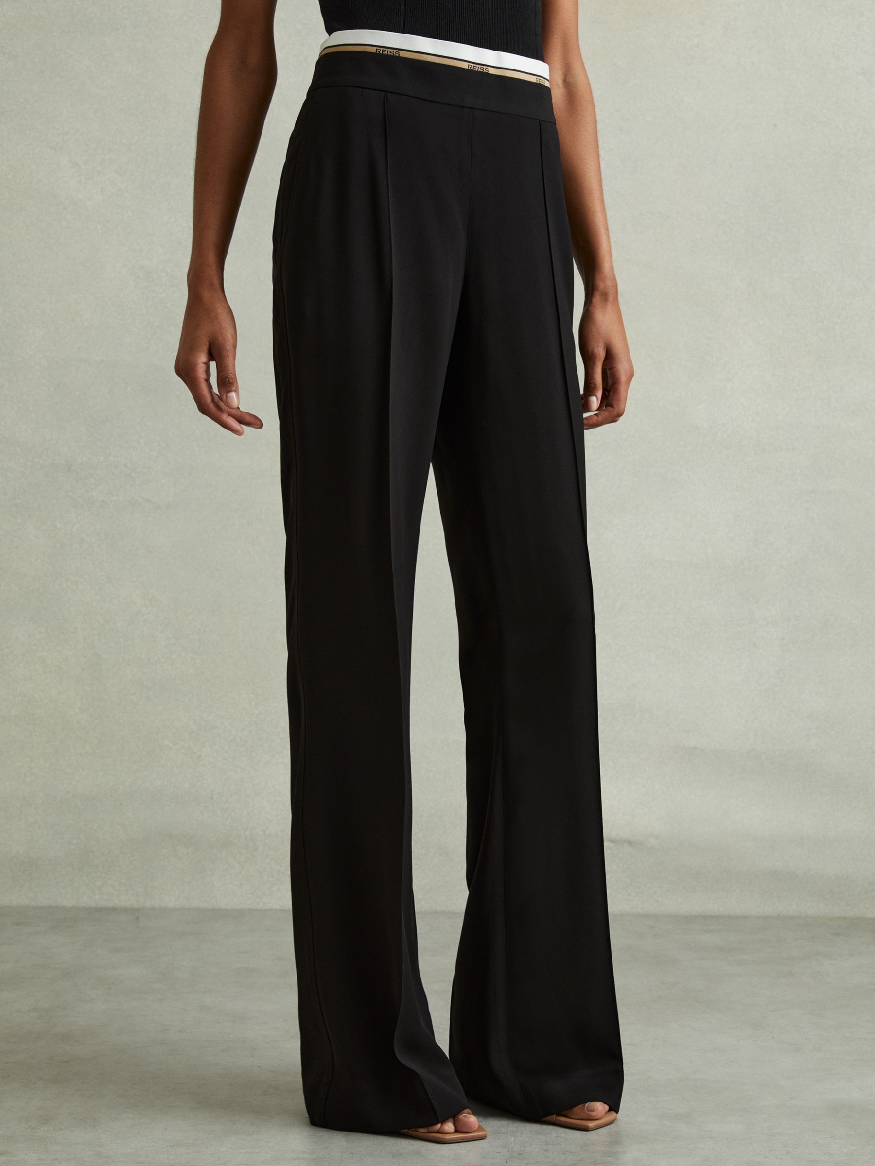 Waistband Detail Wide Leg Trousers in Black