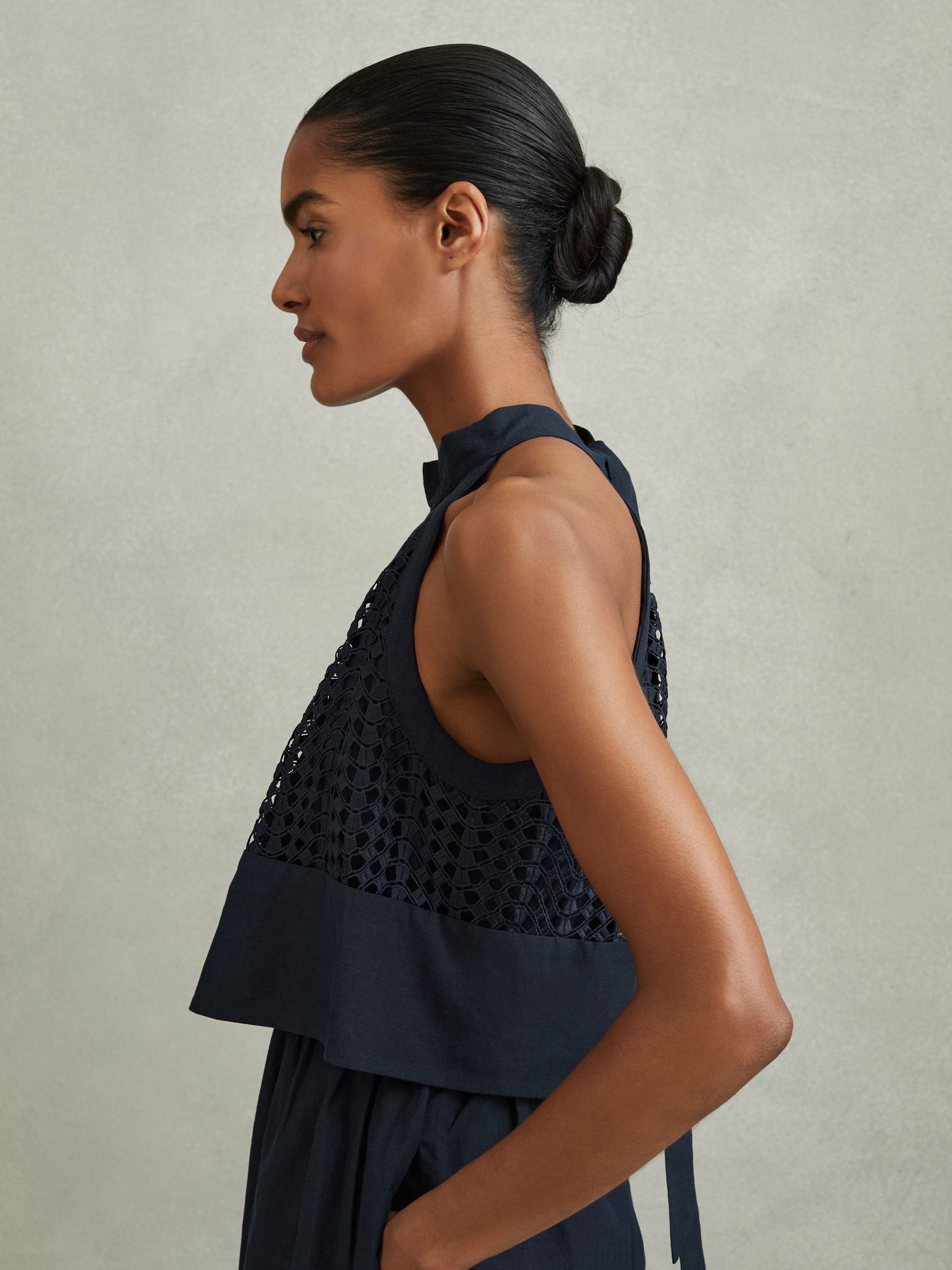 Broderie Halter Neck Mini Dress With Linen in Navy