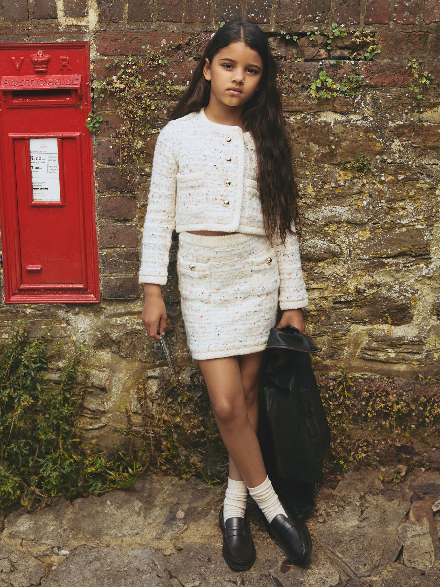 13-14 yrs Tweed-Effect Knitted Mini Skirt with Merino in Cream