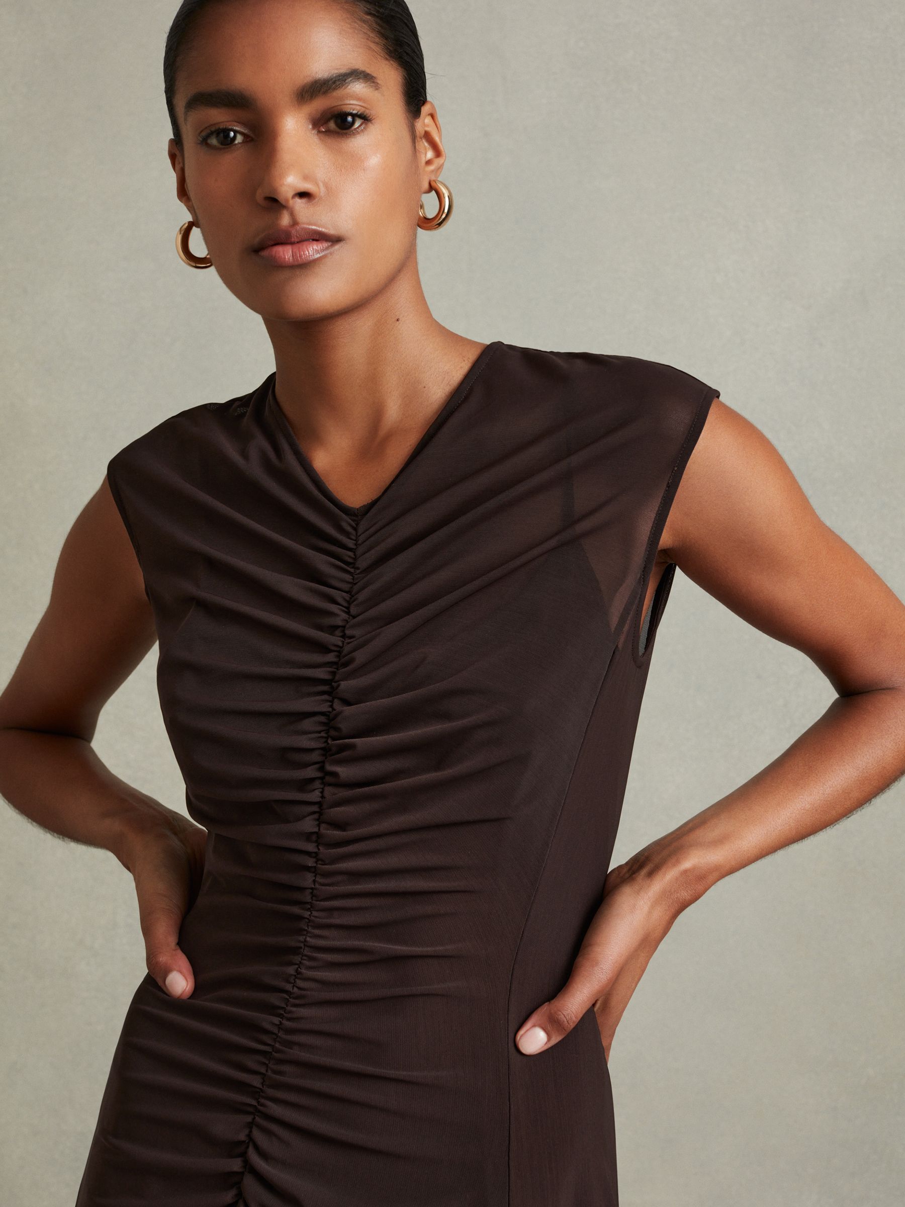 Mesh Ruched Midi Dress in Chocolate