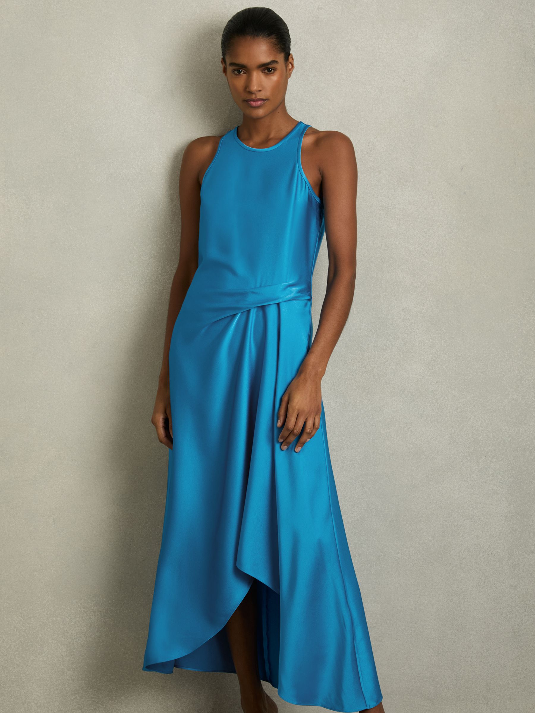 Satin Drape Tuck Midi Dress in Blue
