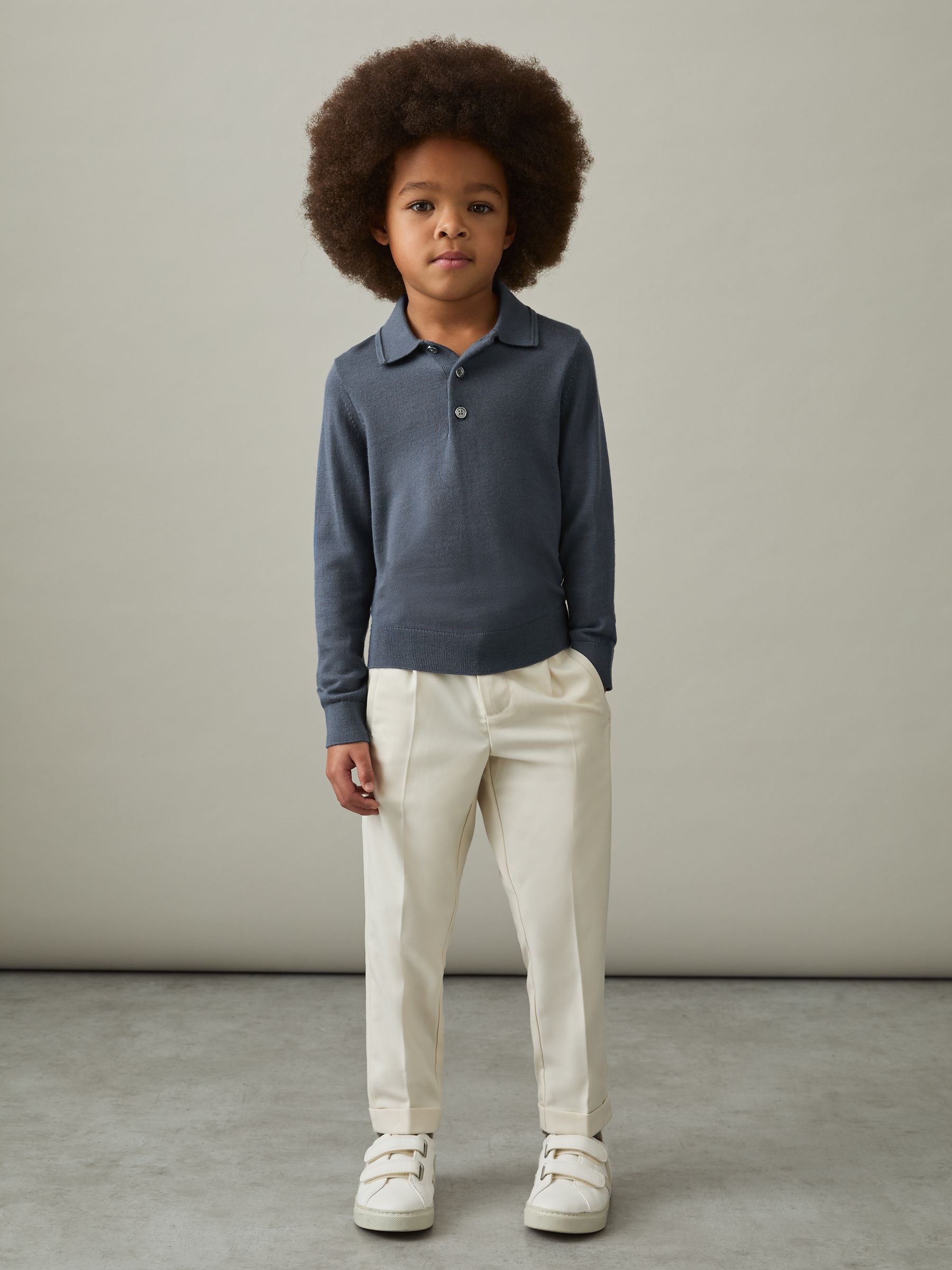 9-13 yrs Merino Wool Long-Sleeve Polo Shirt in Airforce Blue