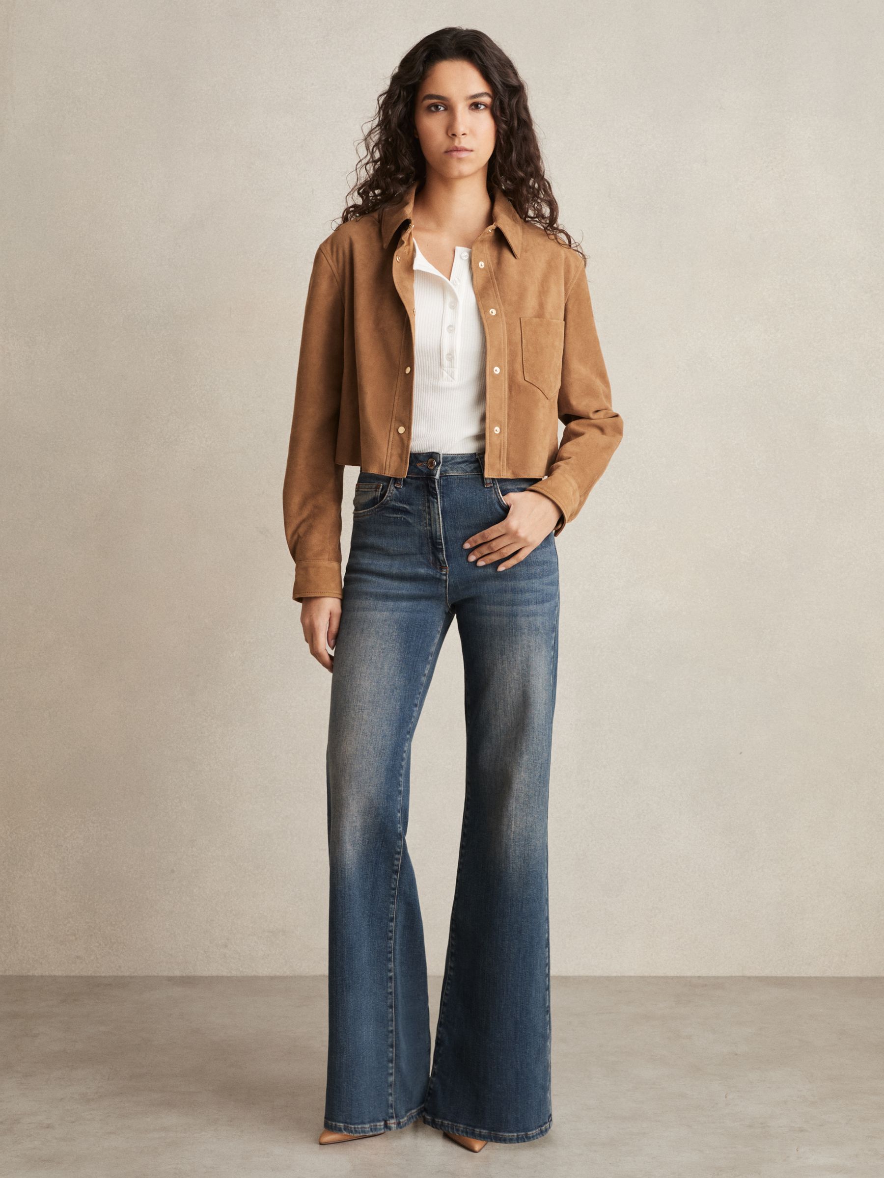 Suede Press-Stud Cropped Shirt in Tan