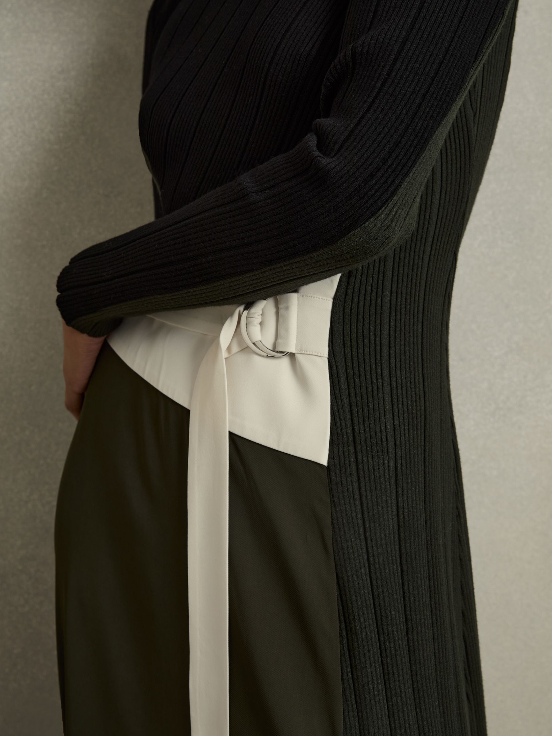 Rib-Knit Panelled Belted Midi Dress in Khaki/Black