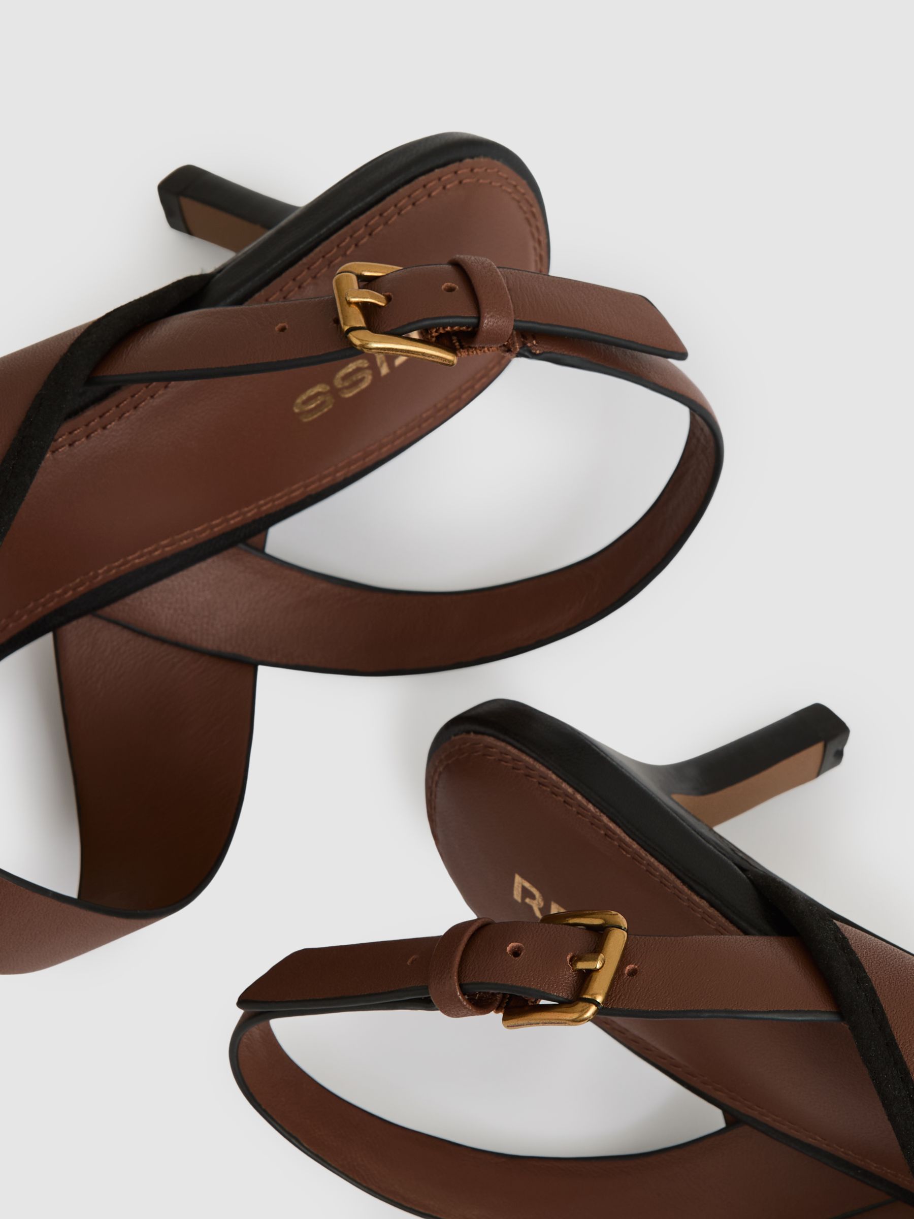 Leather Link-Strap Low-Heel Sandals in Tan