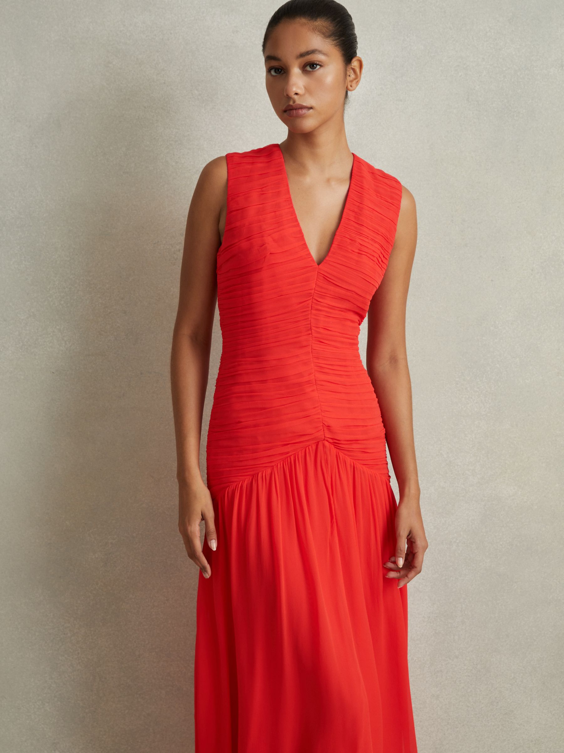 Ruched Bodycon Midi Dress in Coral
