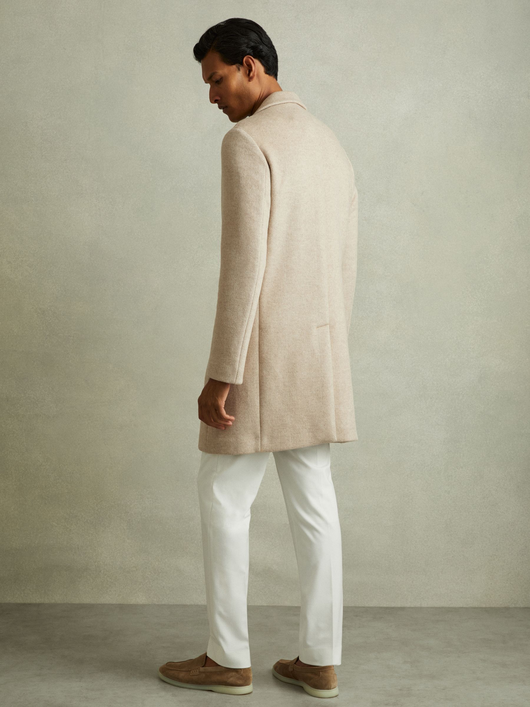 Wool Blend Single Breasted Epsom Overcoat in Oatmeal Herringbone