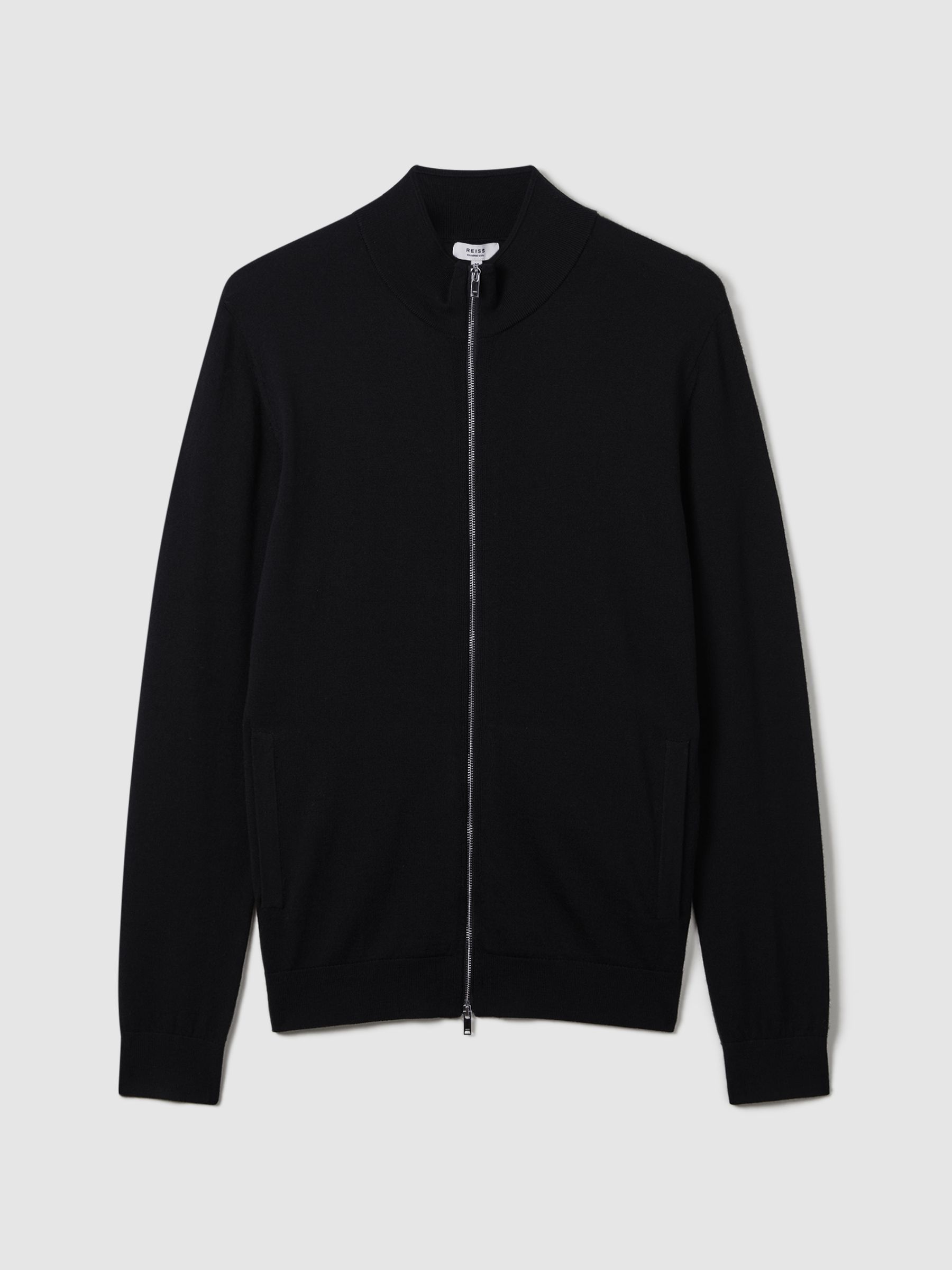 Merino Wool Zip-Through Cardigan in Black