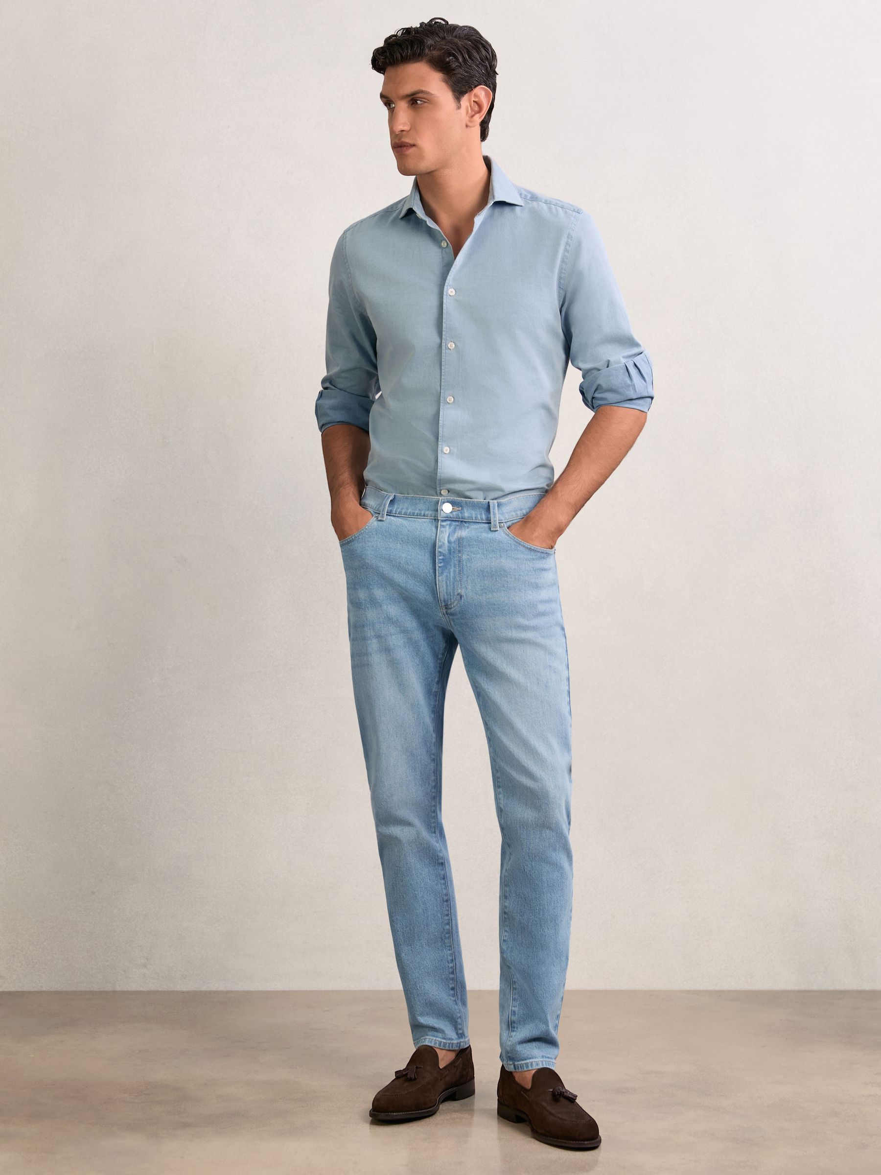 Cotton-Stretch Slim-Fit Jeans in Light Blue Wash