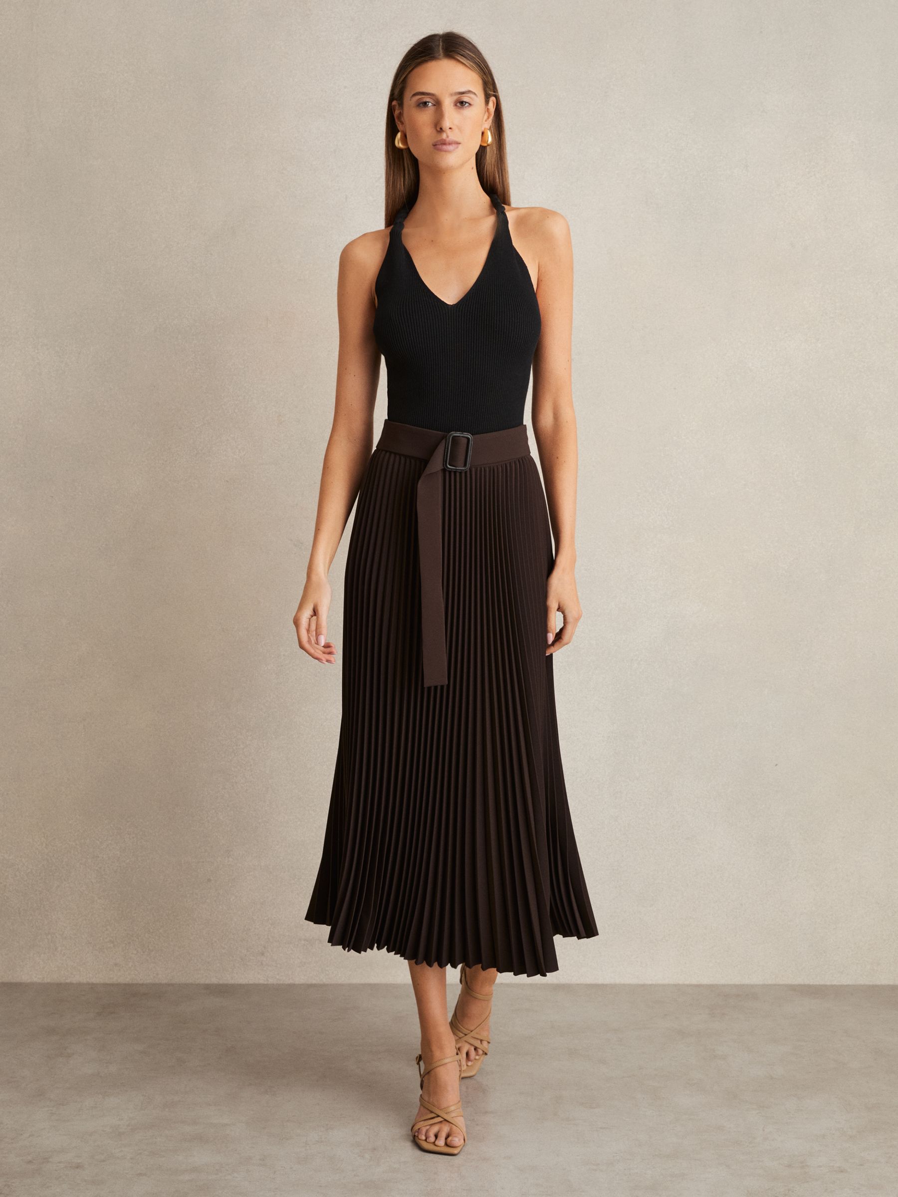 Pleated Belted Midi Skirt in Chocolate Brown