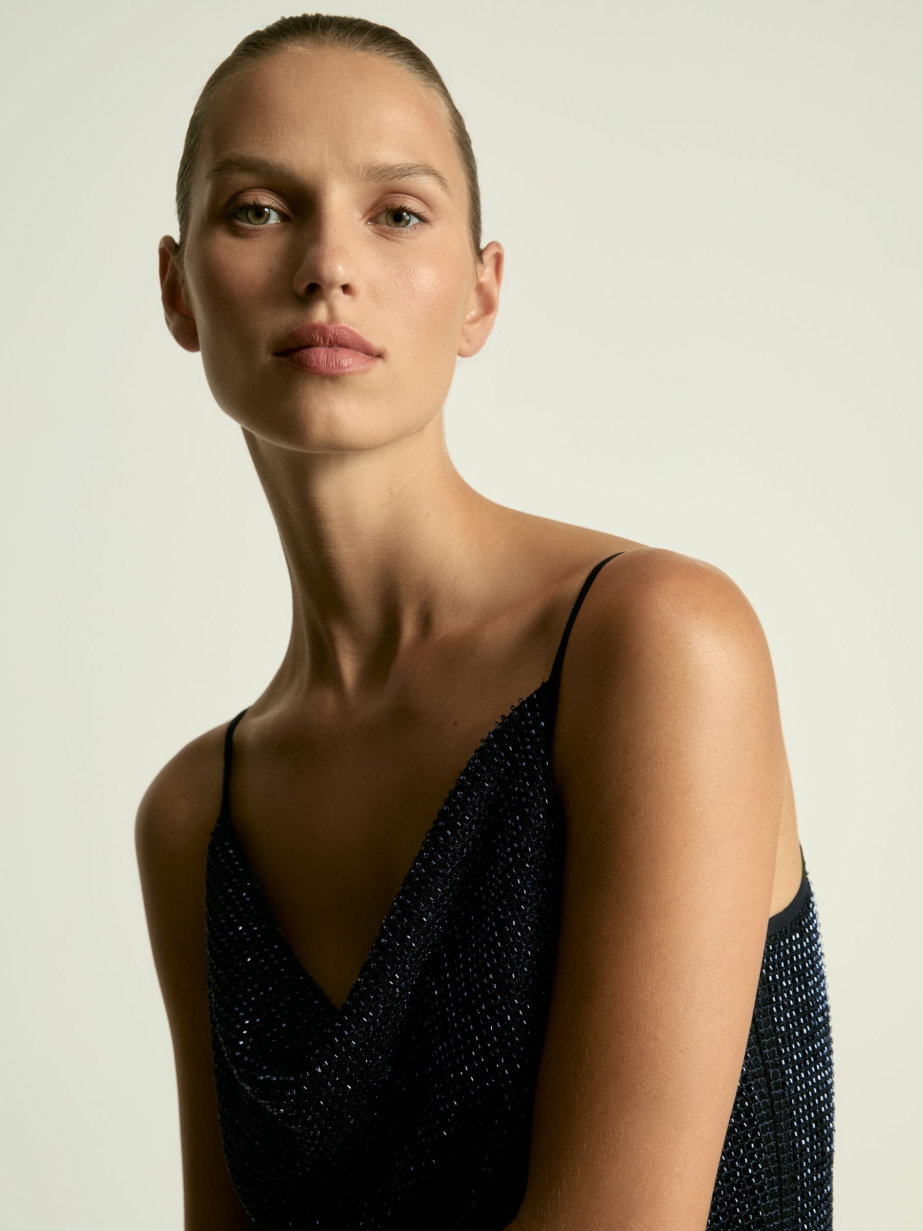 Cowl-Neck Beaded Mini Dress in Dark Blue