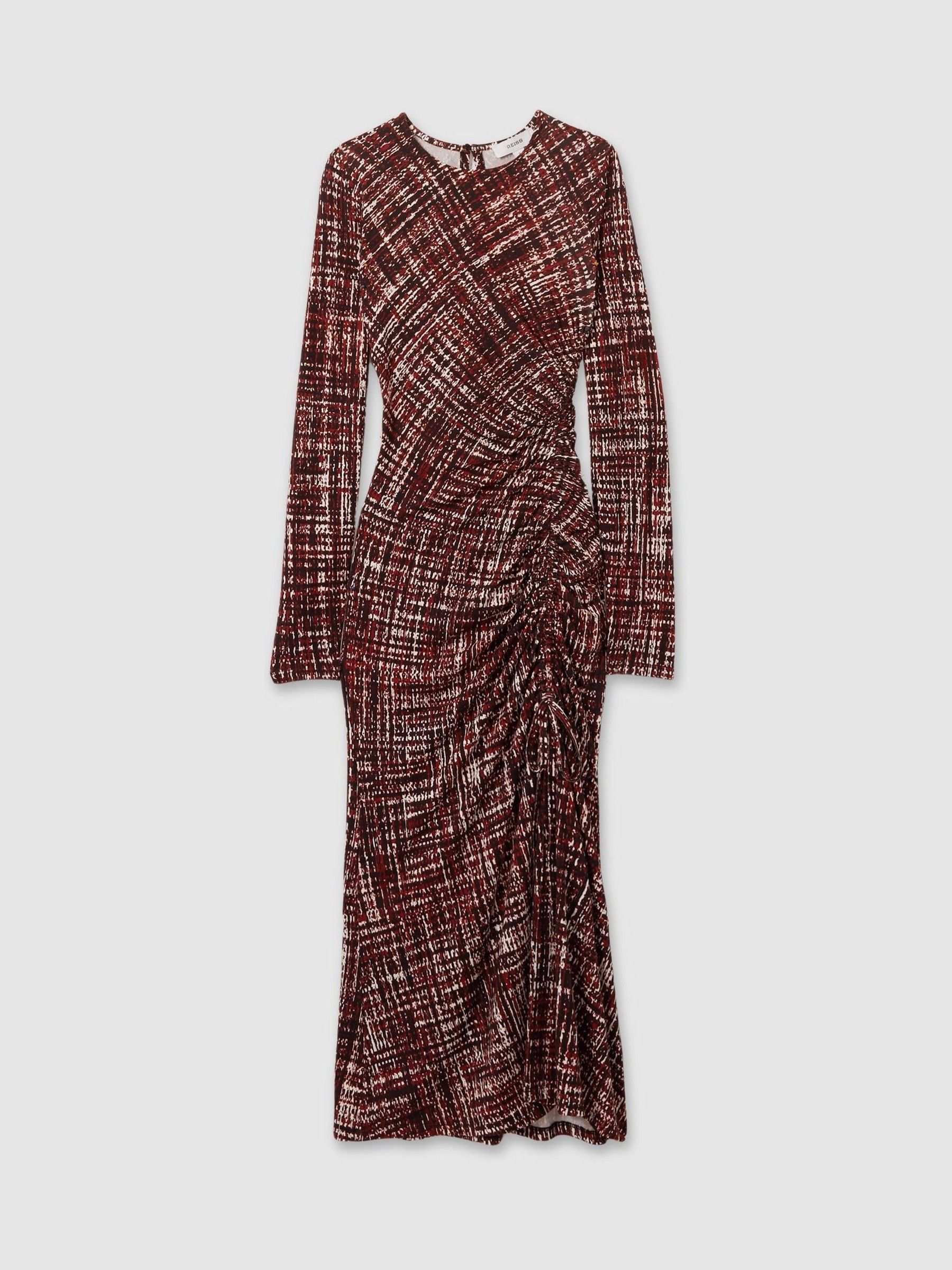 Printed Ruched Midi Dress in Red