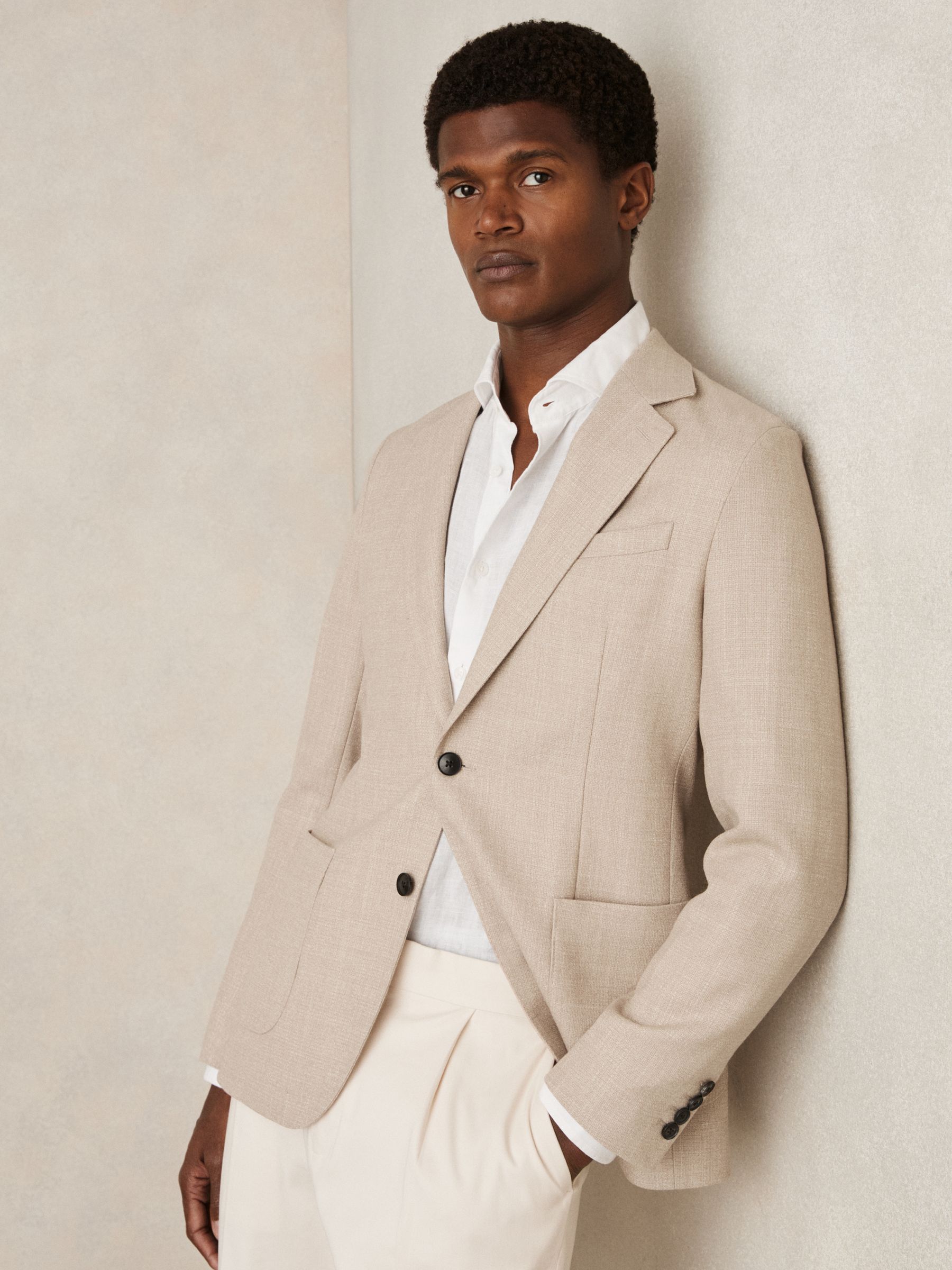 Slim-Fit Single-Breasted Wool-Blend Textured Blazer in Oatmeal