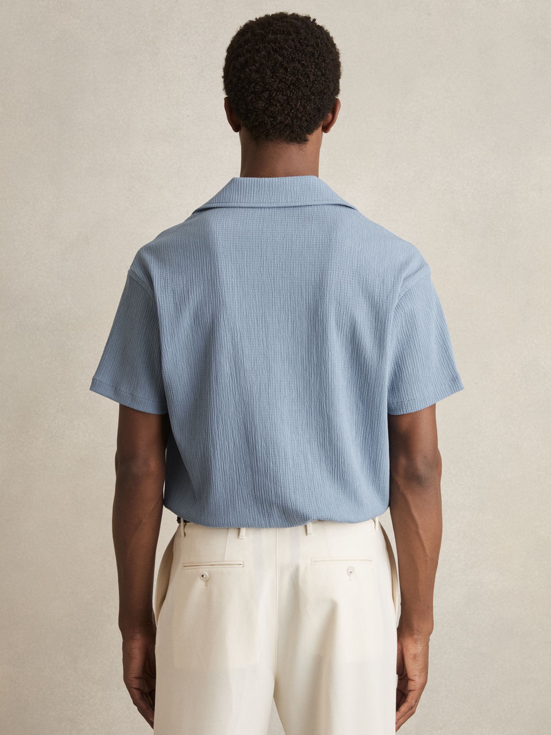 Textured Crepe Cuban Collar Shirt in Soft Blue
