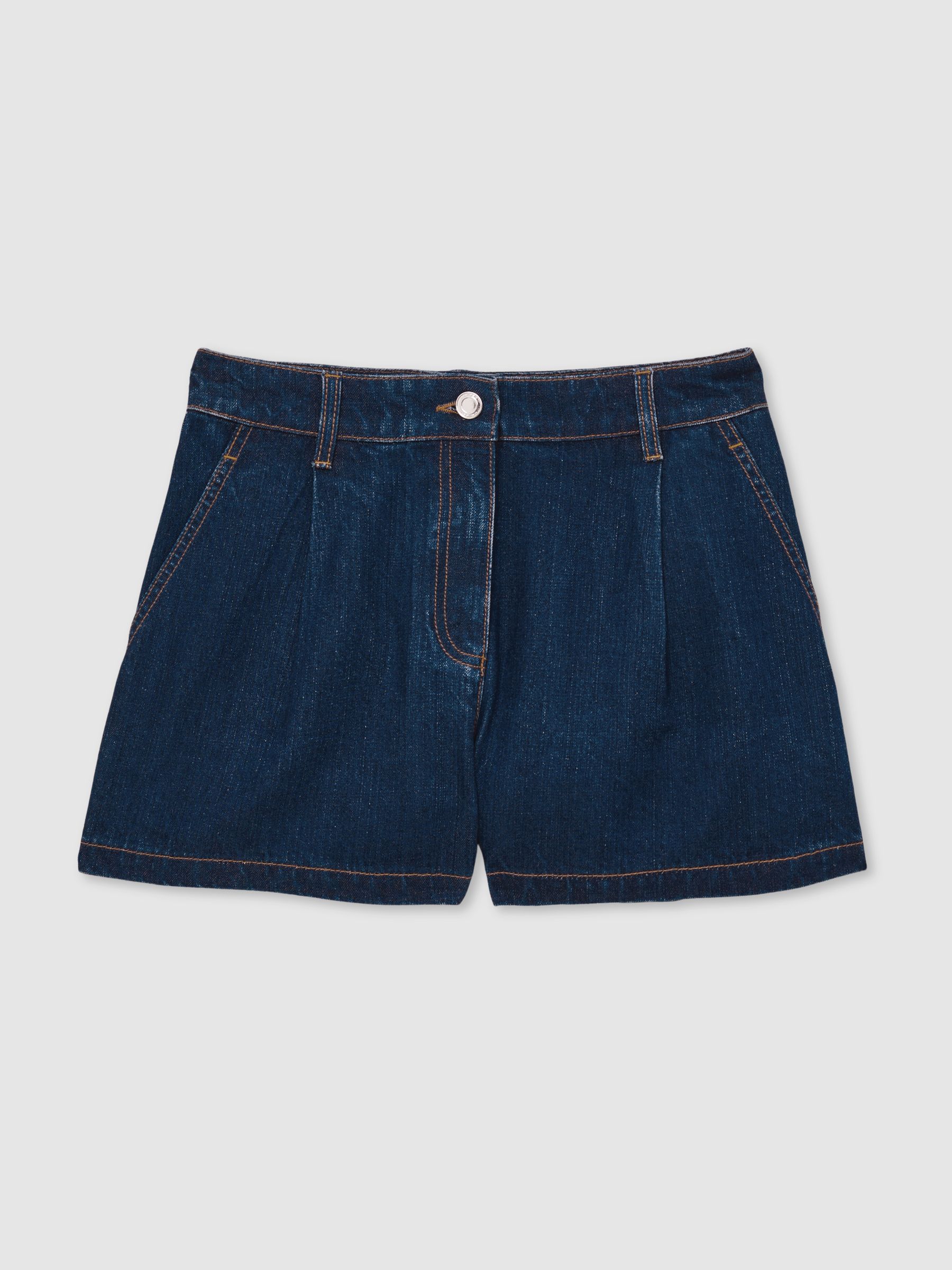 Denim Pleated Shorts in Mid Blue