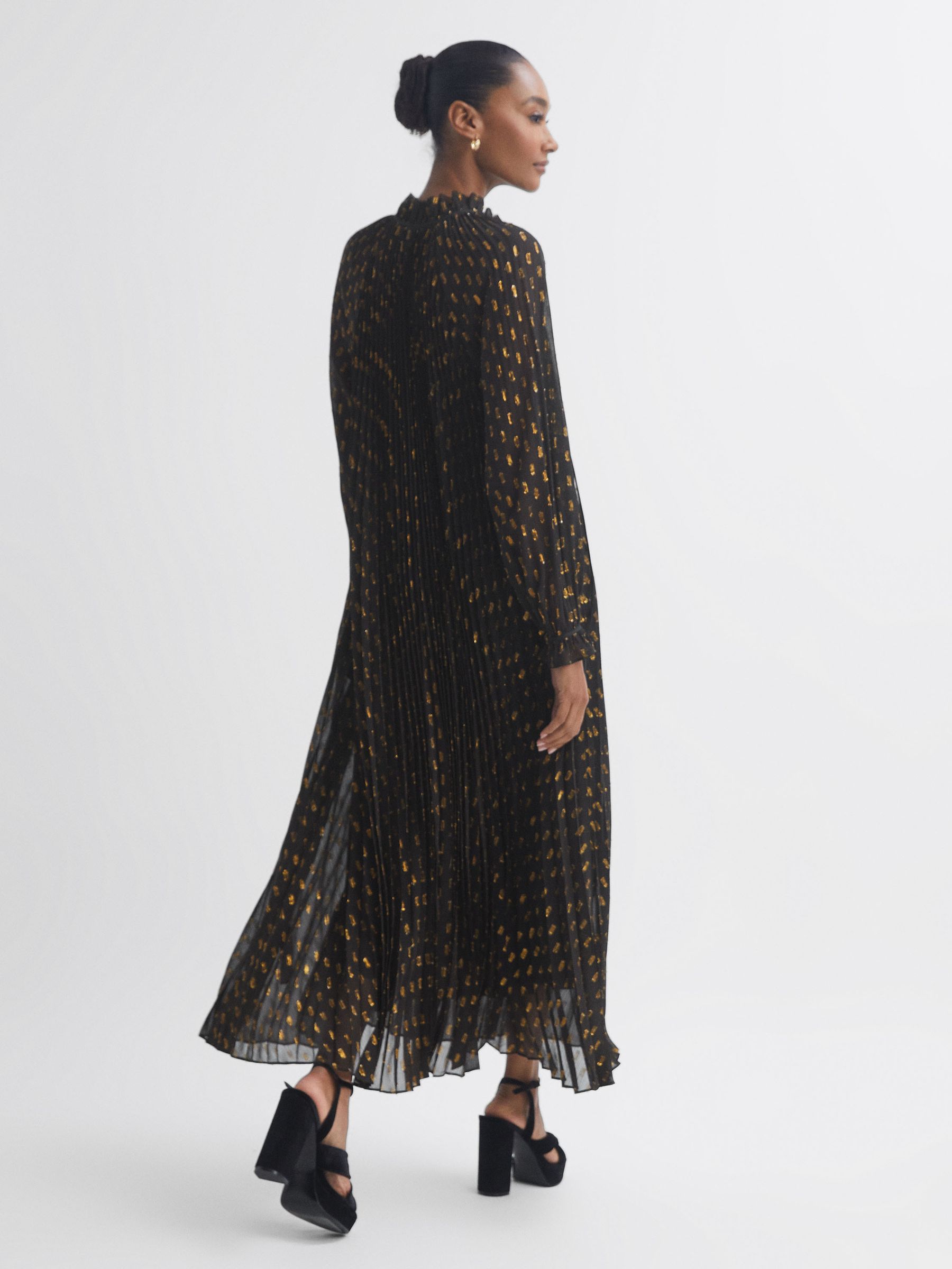 Florere Sheer Metallic Long Sleeve Brown Midi Dress in Brown
