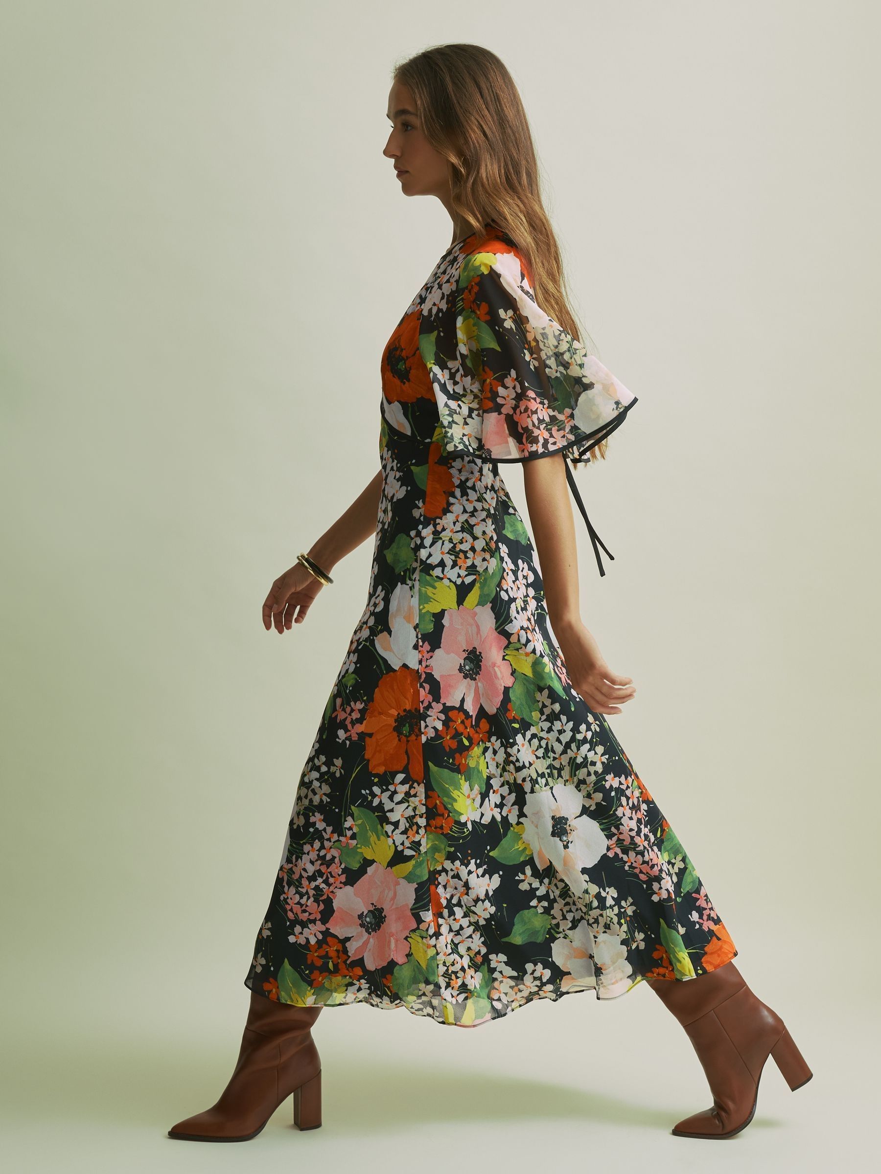 Florere Cape Detail Midi Dress in Multi