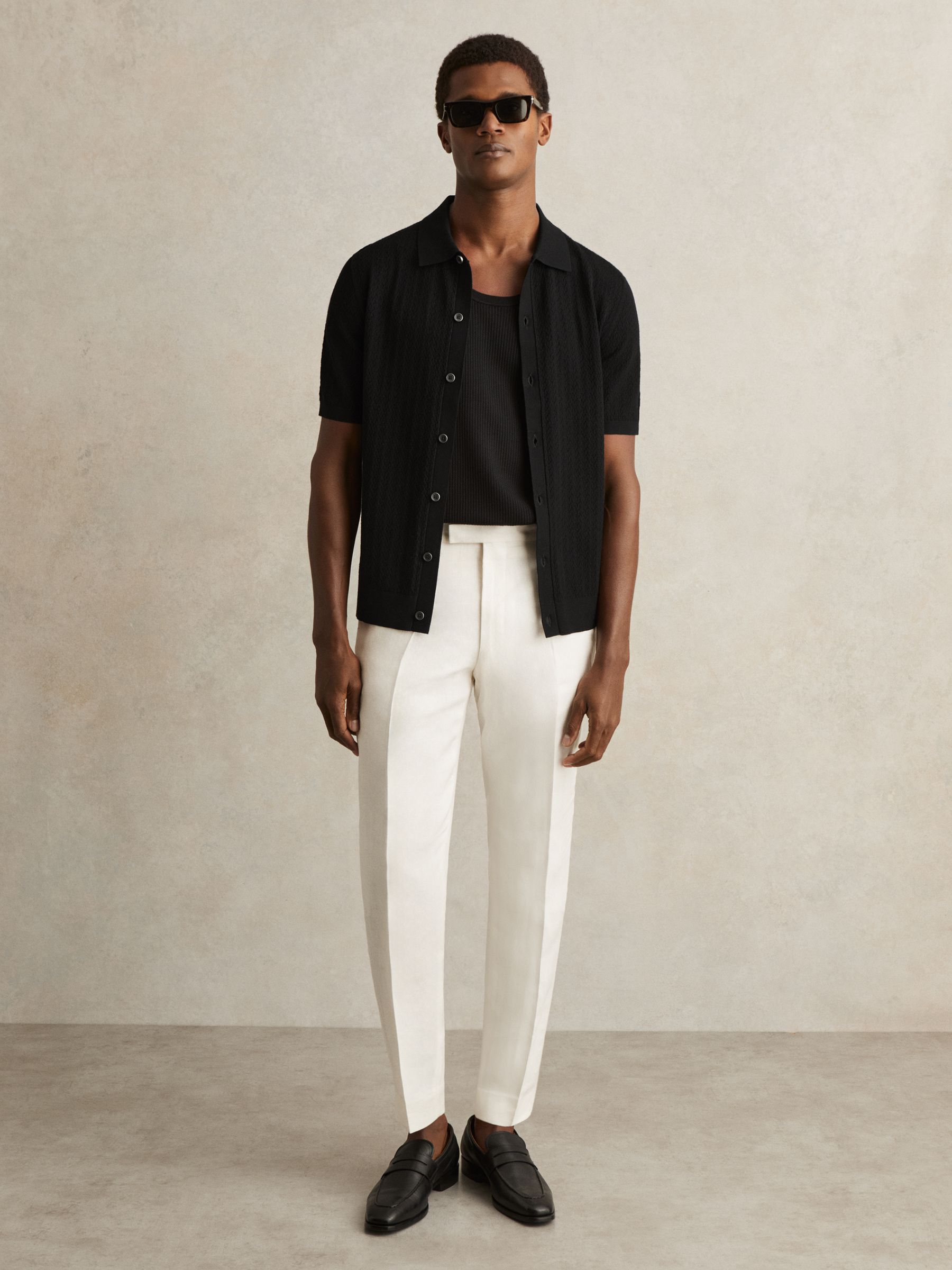 Textured Knit Button-Through Shirt in Black