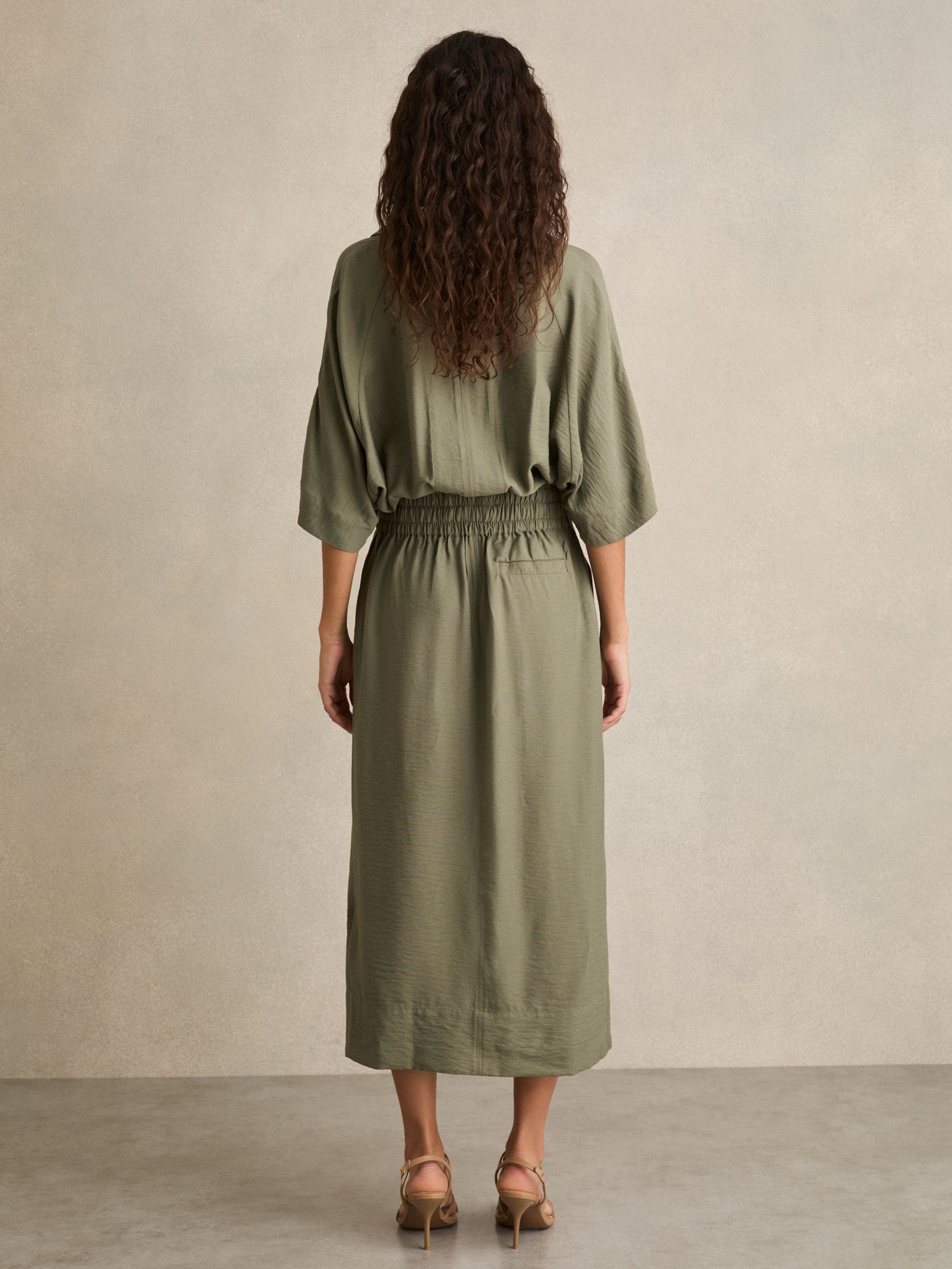 Shirred-Waist Midi Shirt Dress in Khaki