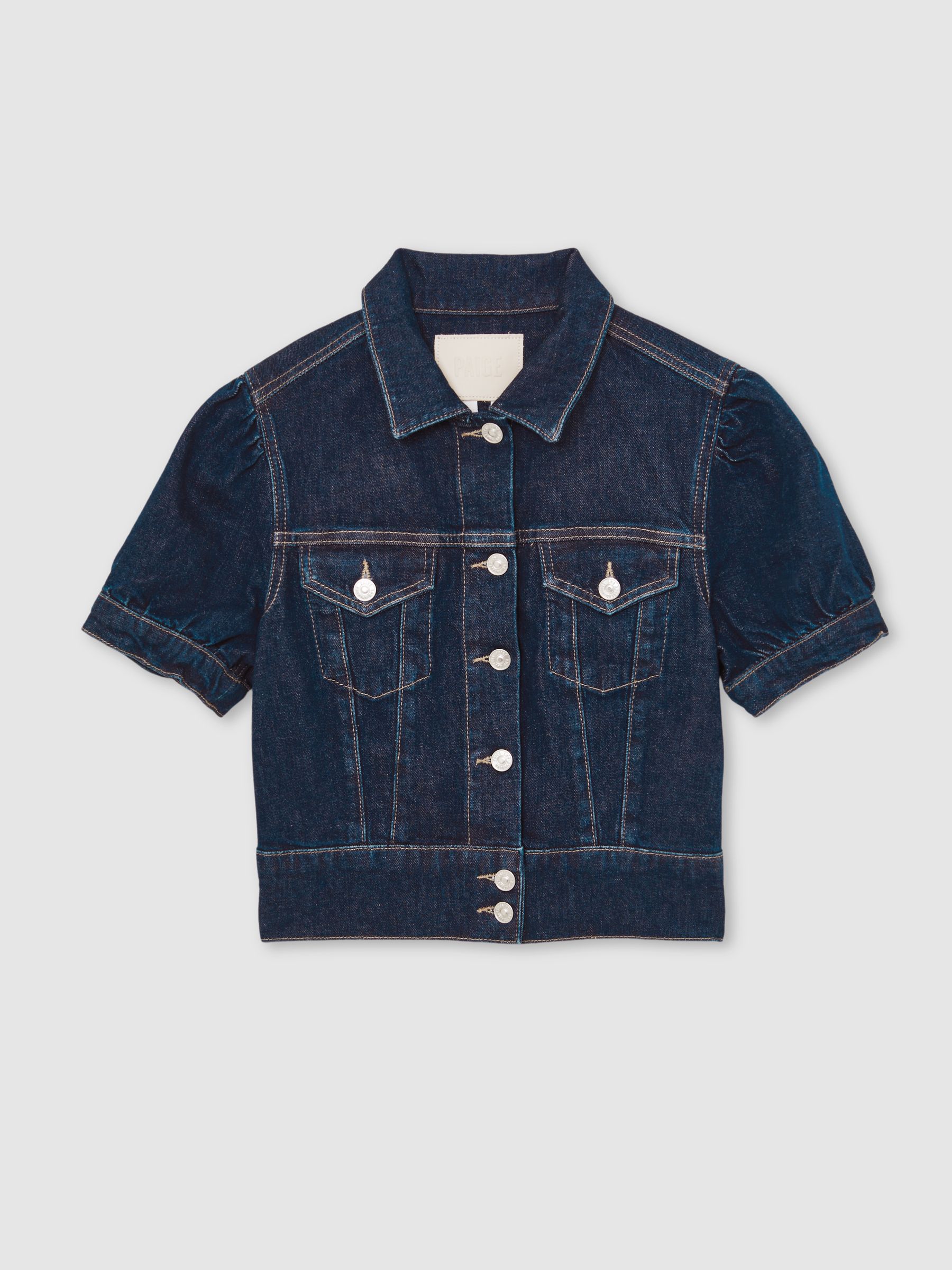 Paige Puff-Sleeve Short Denim Jacket in Emberlynn Blue