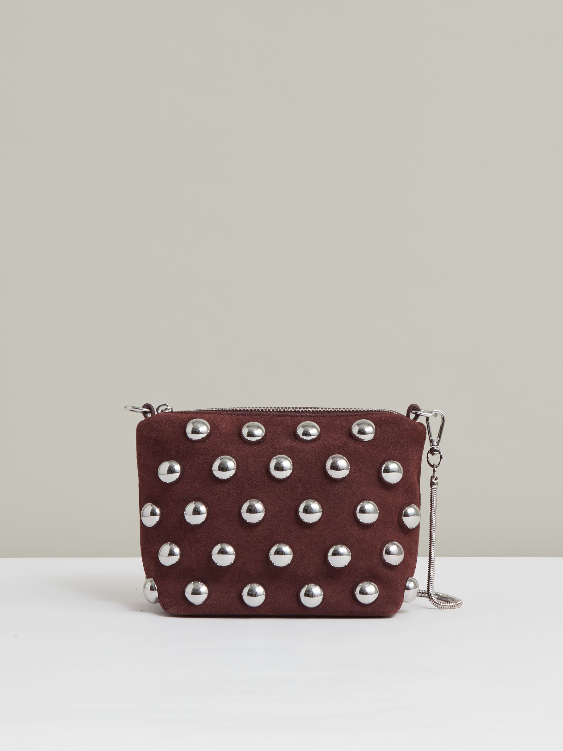 Suede Studded Shoulder Bag in Oxblood