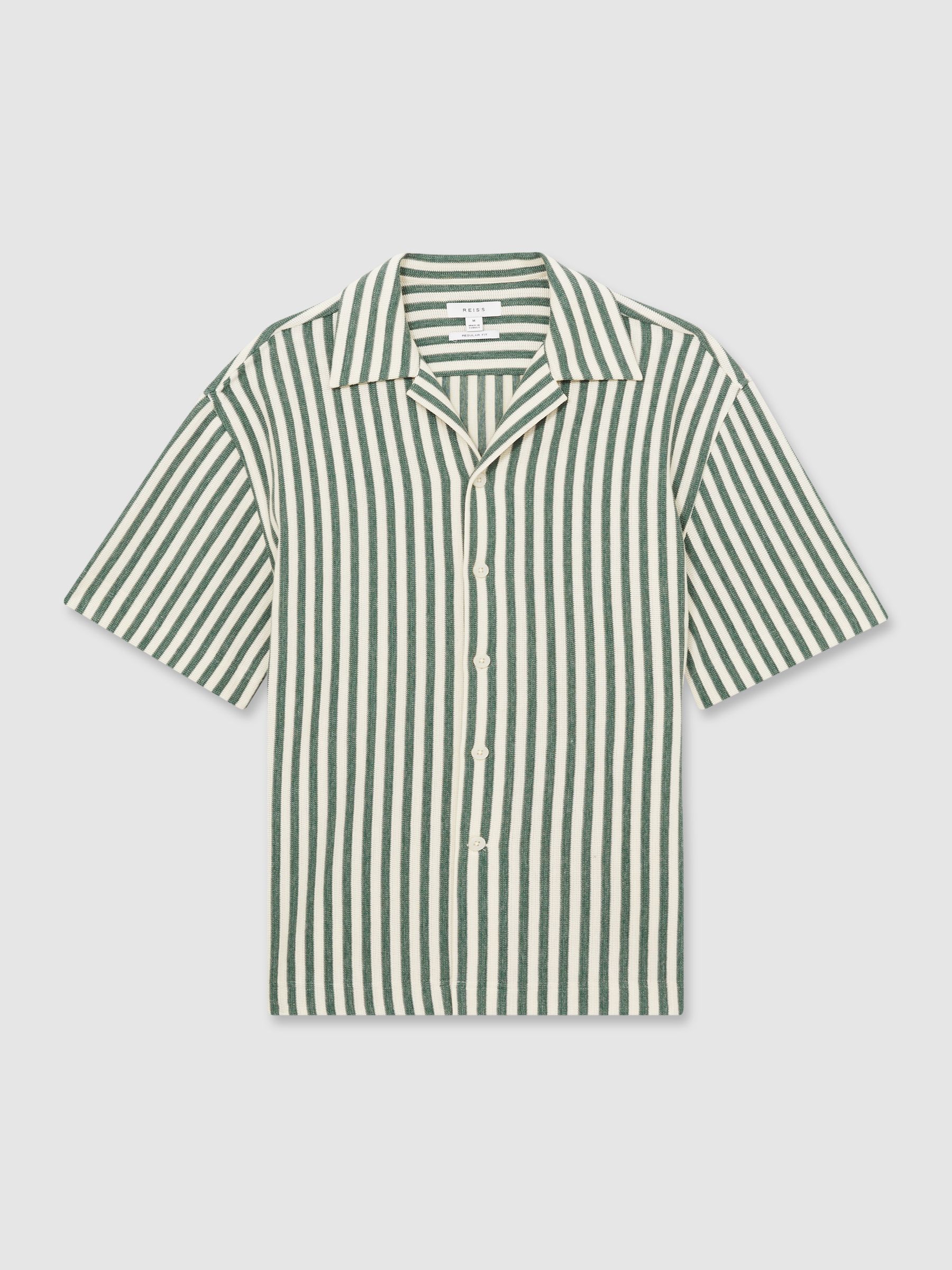 Textured Stripe Cuban-Collar Shirt in Green/White