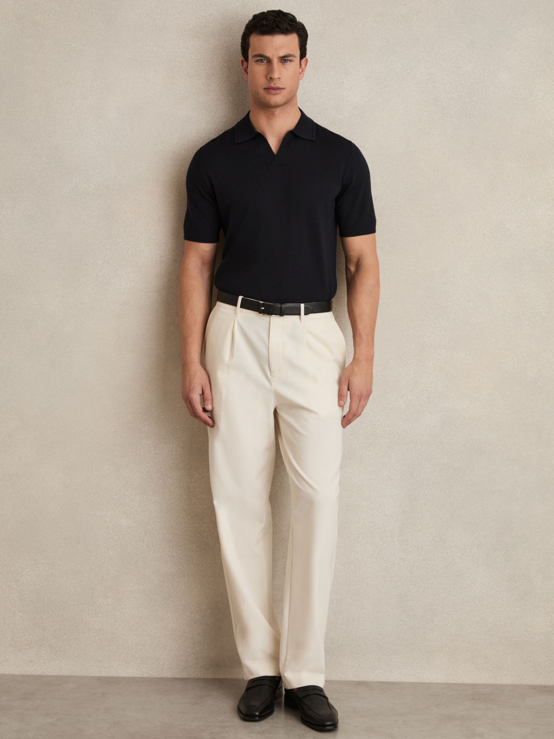 Merino Wool Open-Collar Polo Shirt in Navy