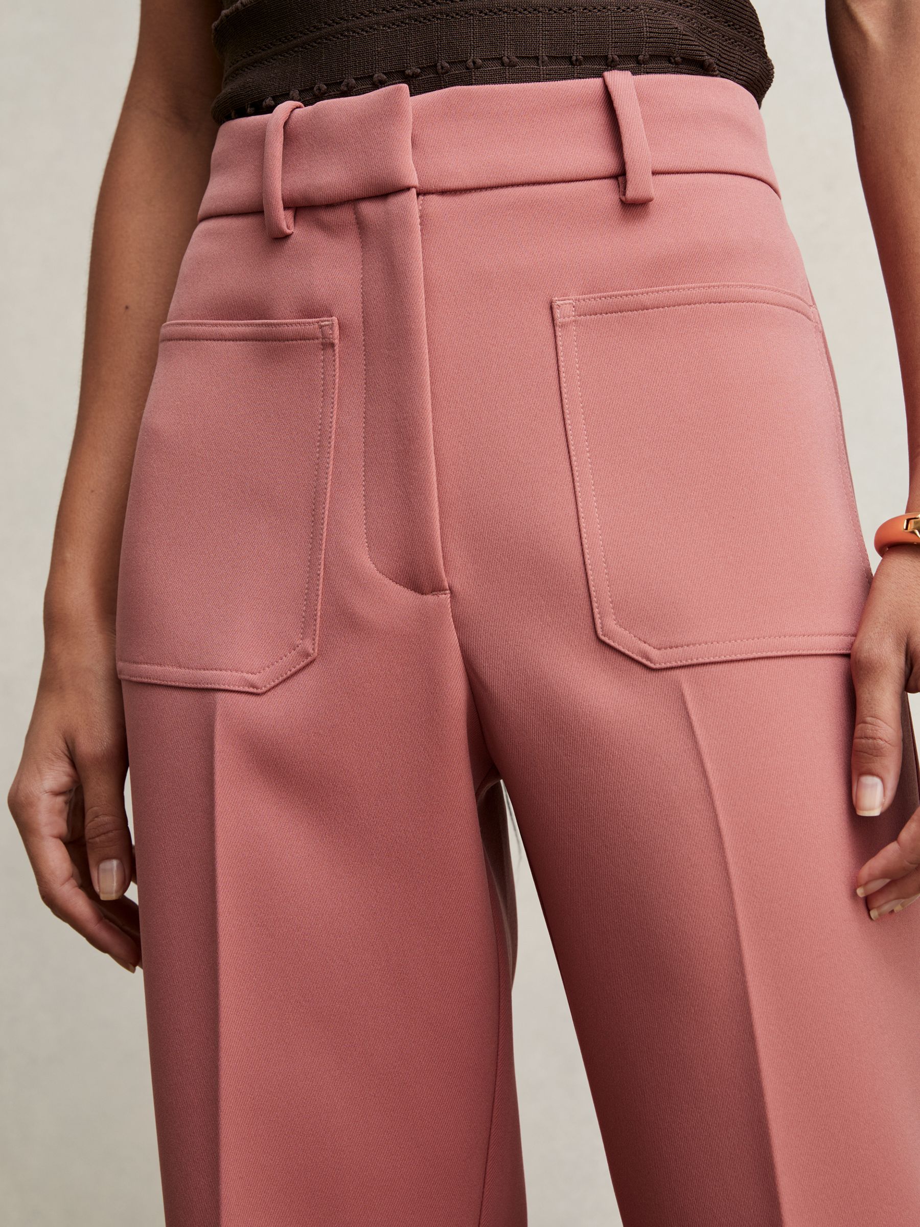 Petite Twill Patch-Pocket Flared Trousers in Pink