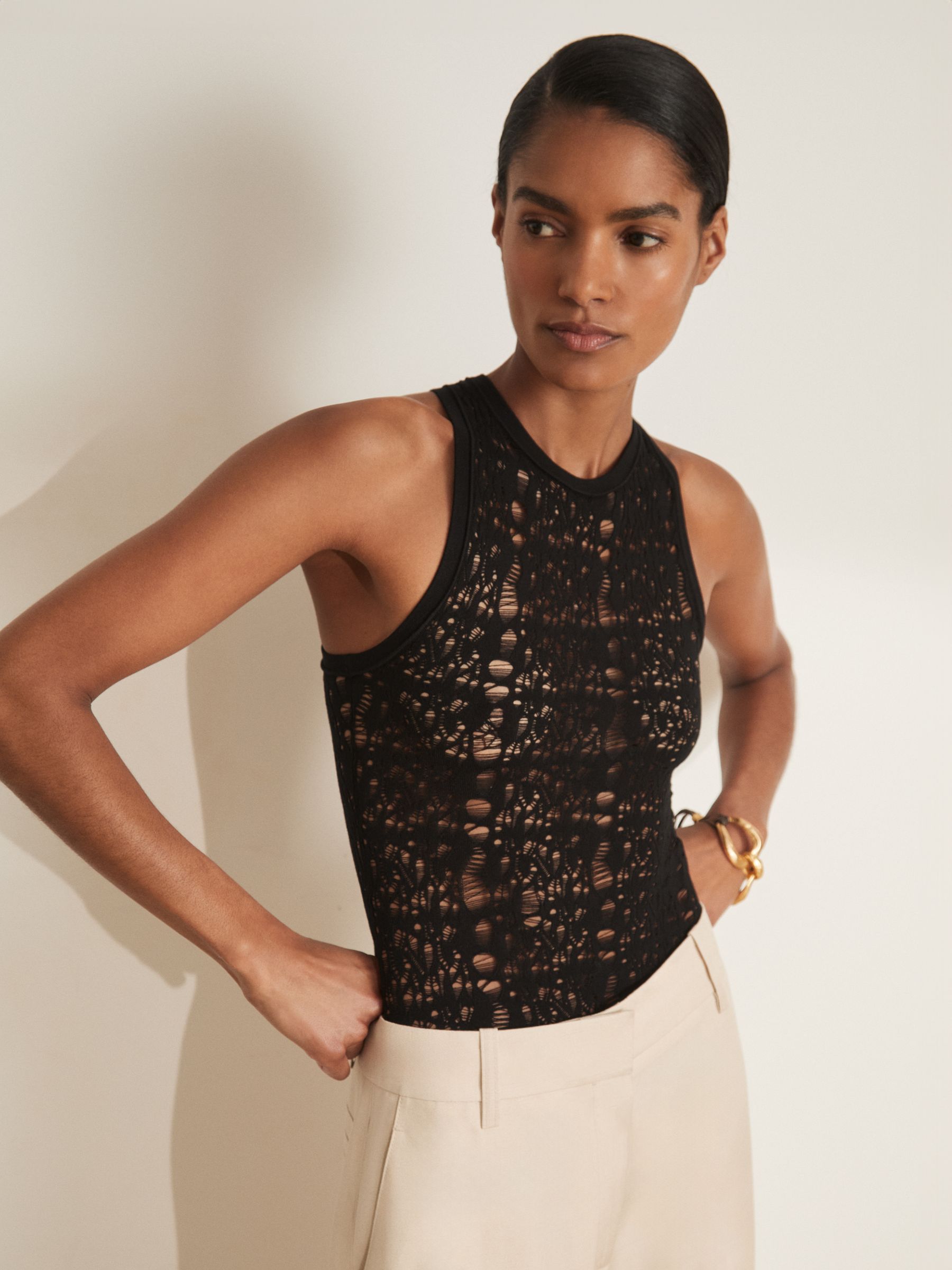 Atelier Lace-Knit High-Neck Bodysuit in Black