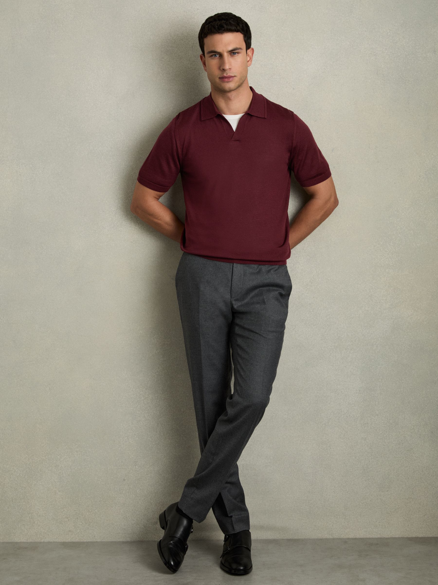 Merino Wool Open Collar Polo Shirt in Claret Red