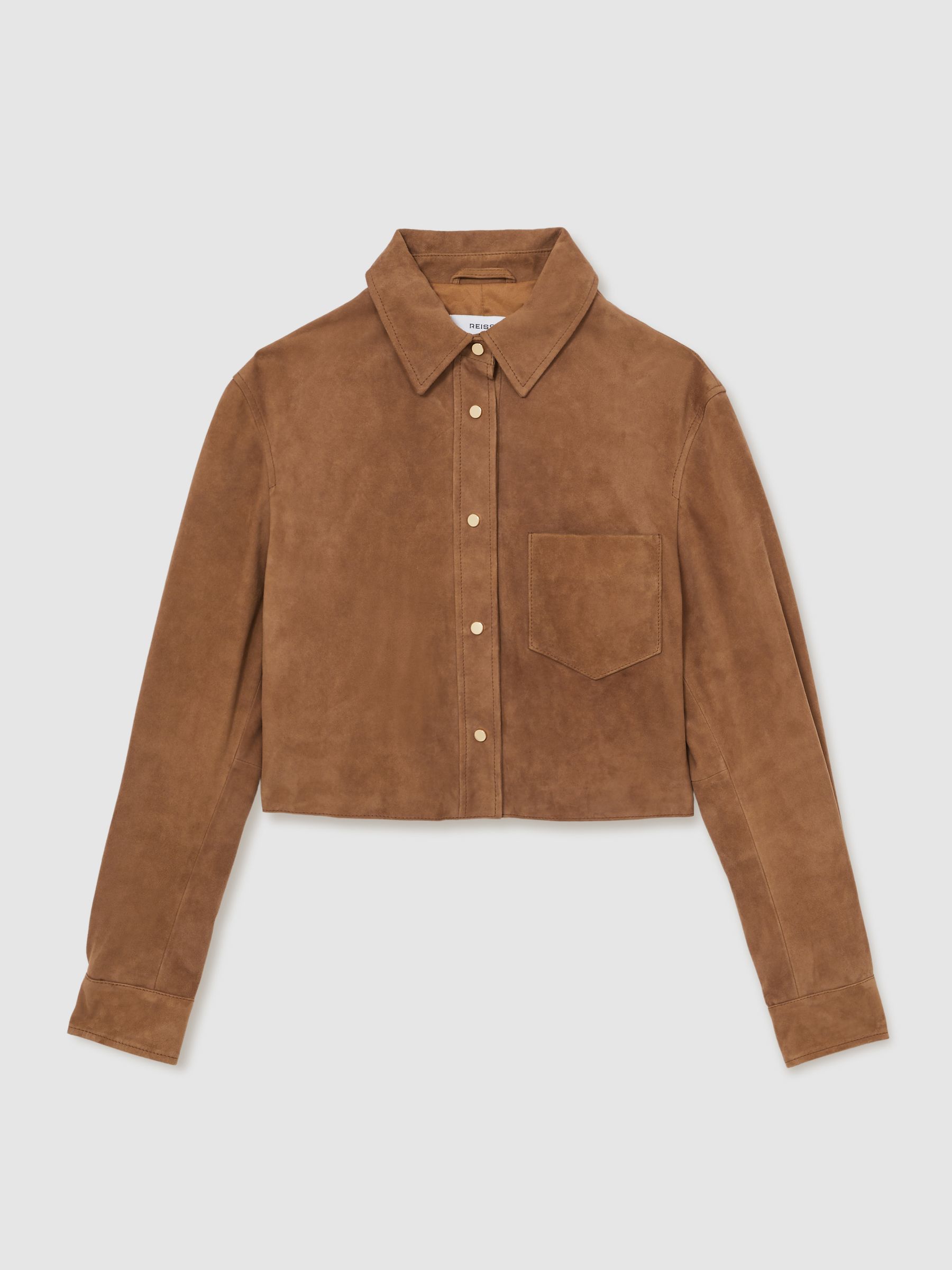 Suede Press-Stud Cropped Shirt in Tan
